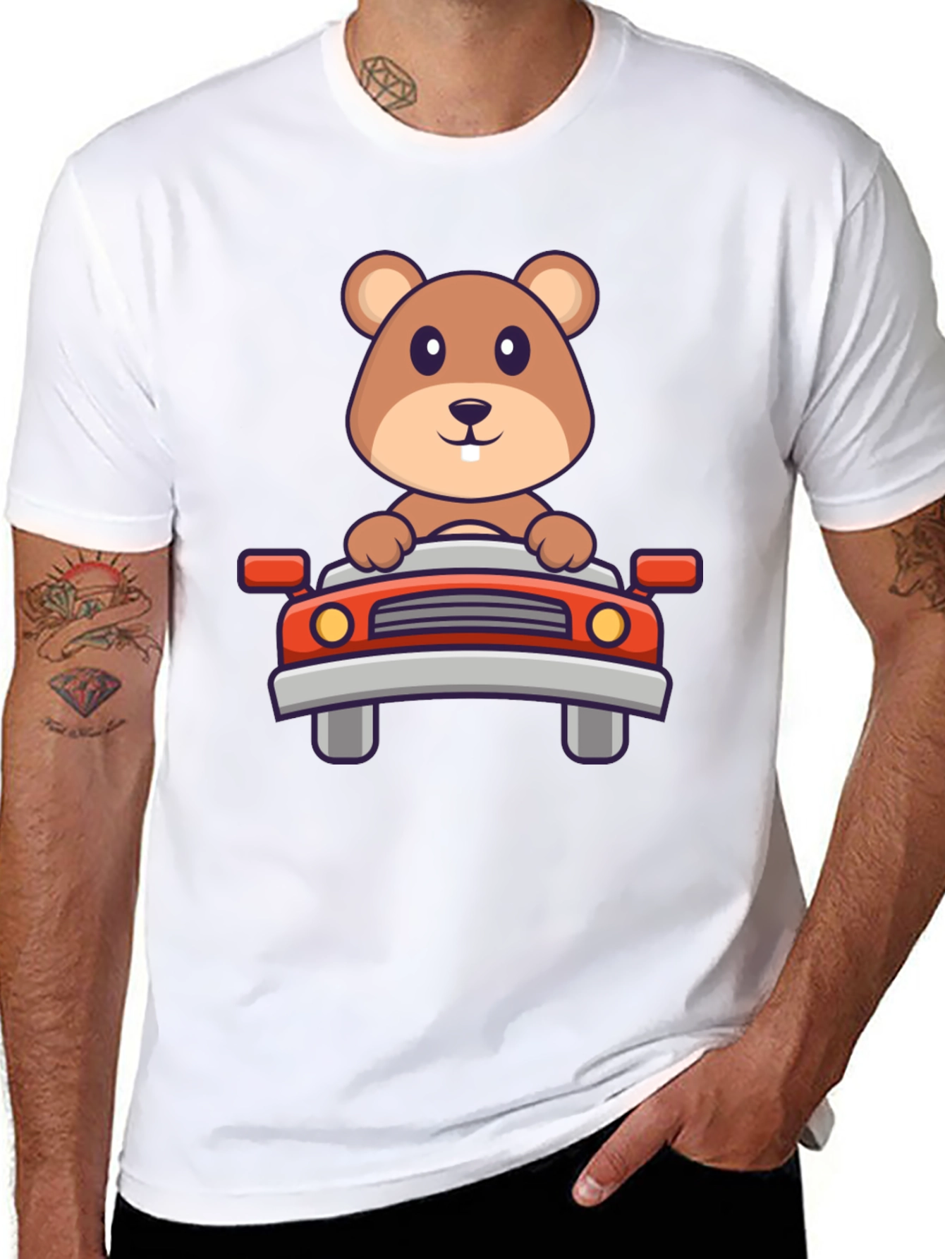 Cute Beaver Driving Car Graphic Tee - Black
