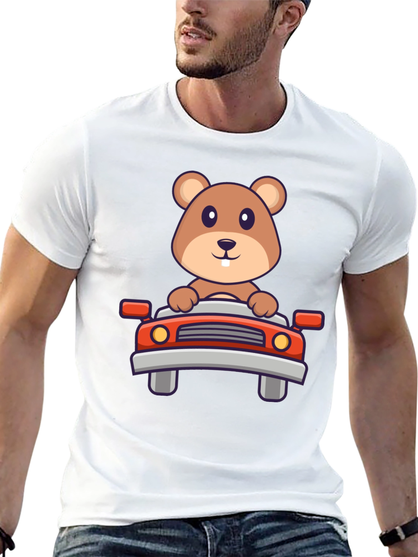 Cute Beaver Driving Car Graphic Tee - Black