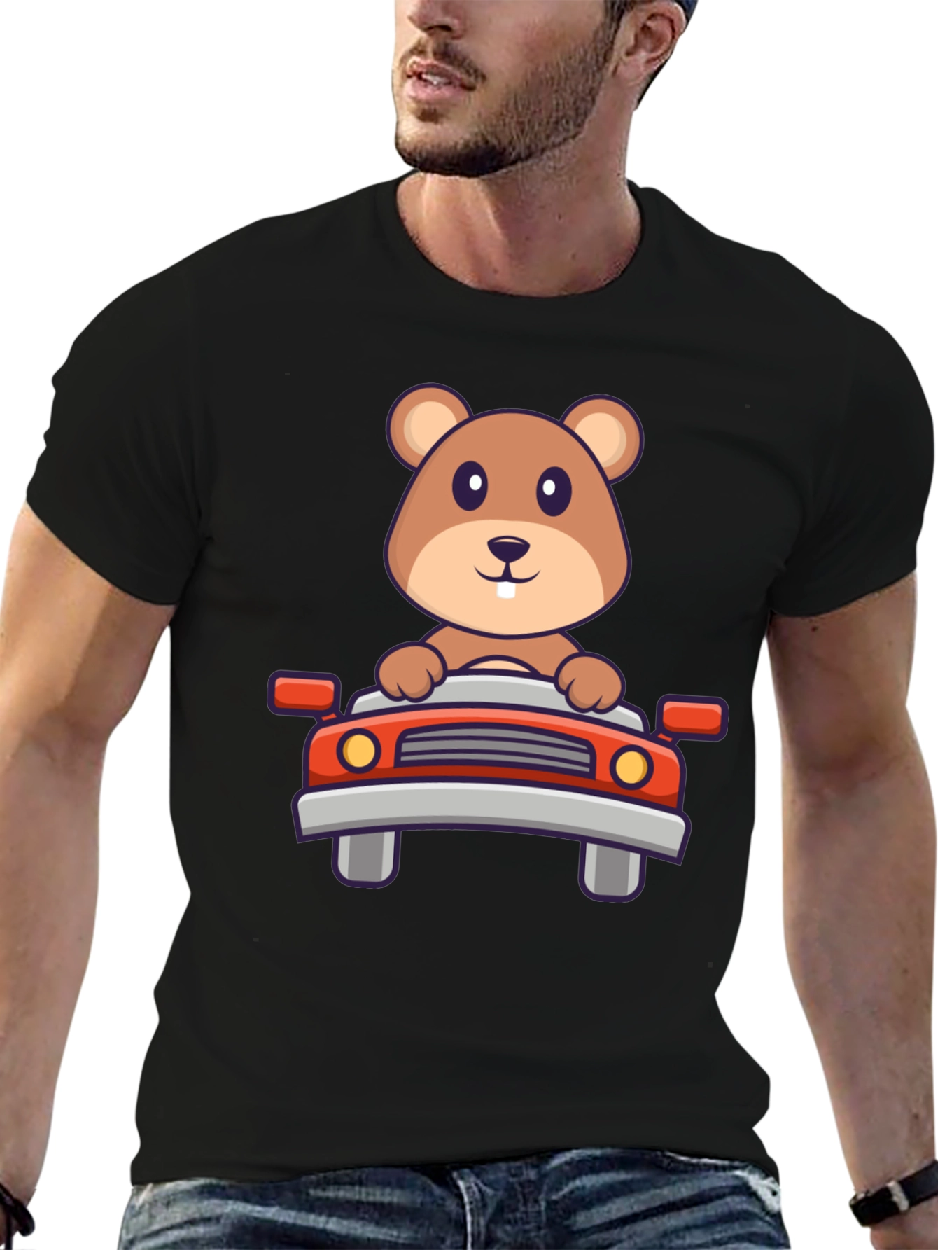 Cute Beaver Driving Car Graphic Tee - Black