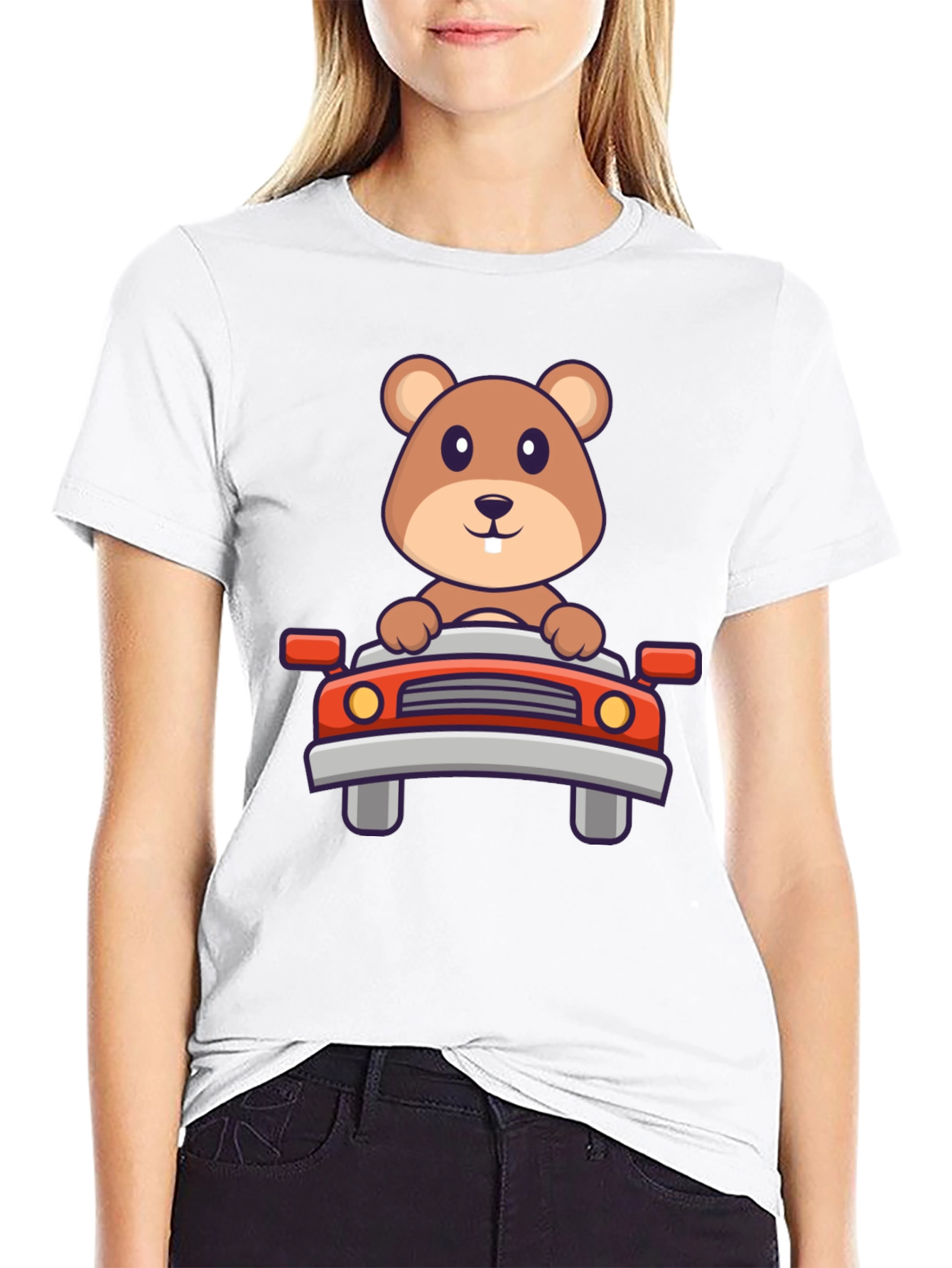 Cute Beaver Driving Car Graphic Tee - Black
