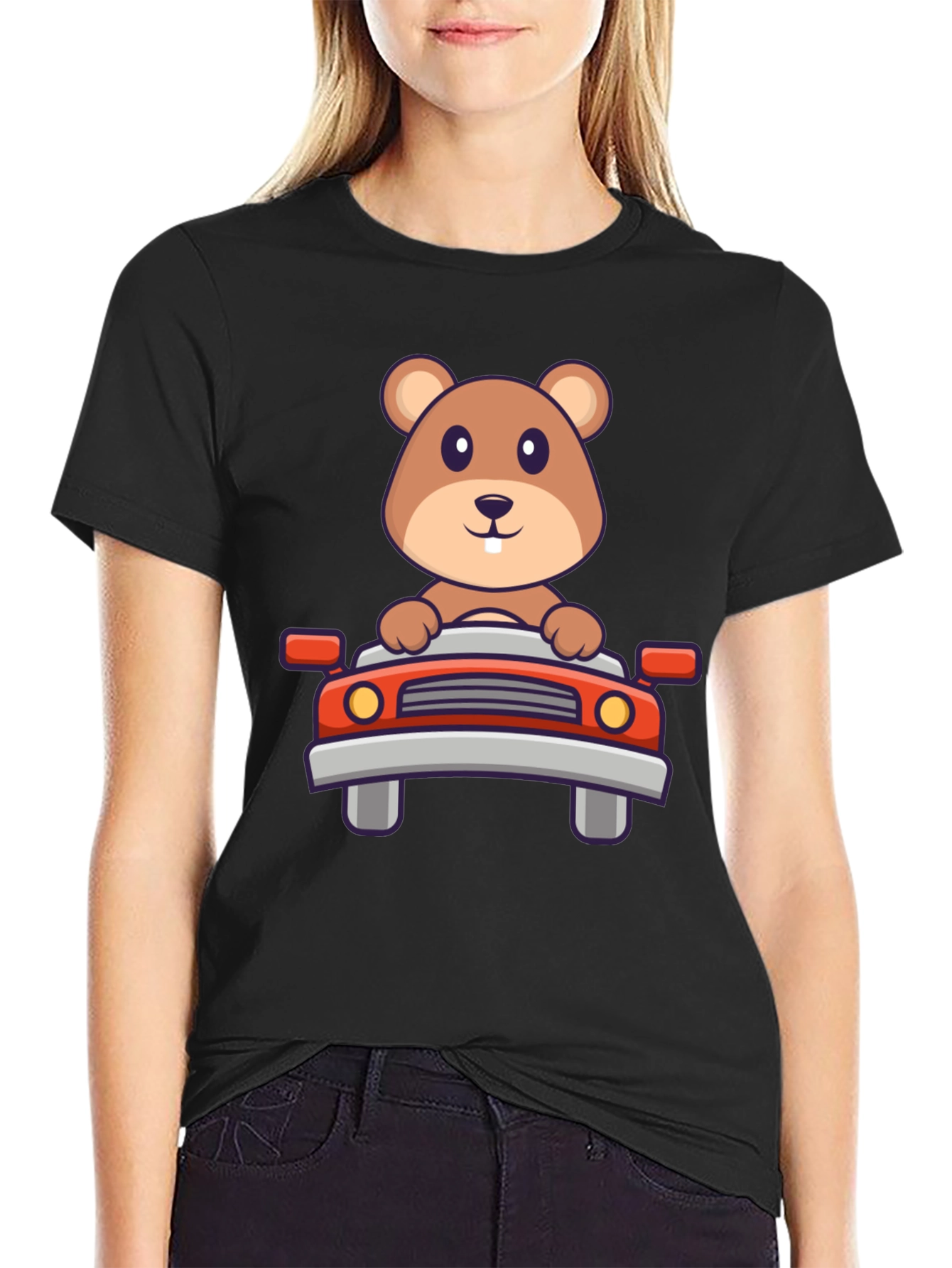 Cute Beaver Driving Car Graphic Tee - Black