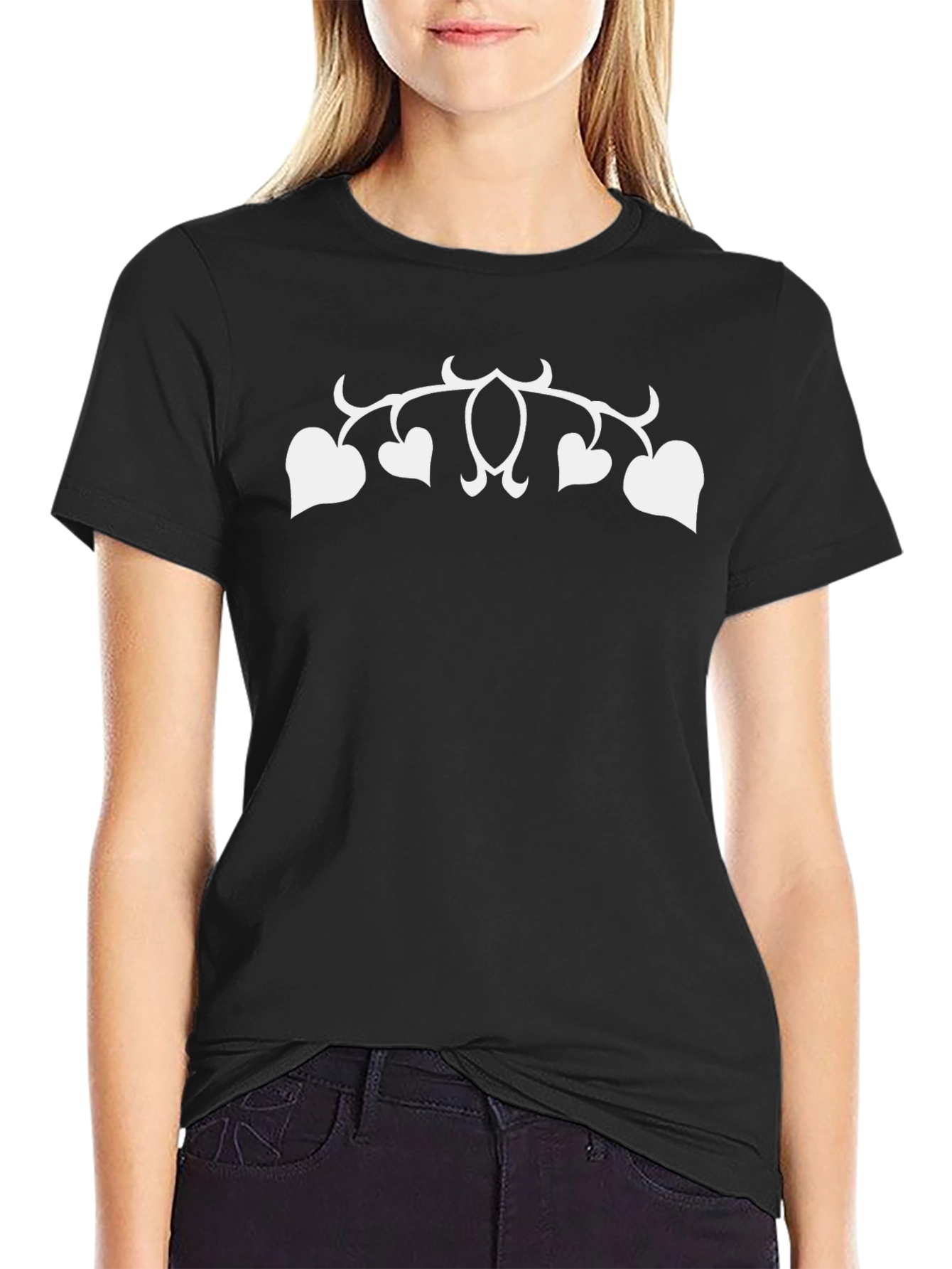 Black T-Shirt with White Heart Vines Design
