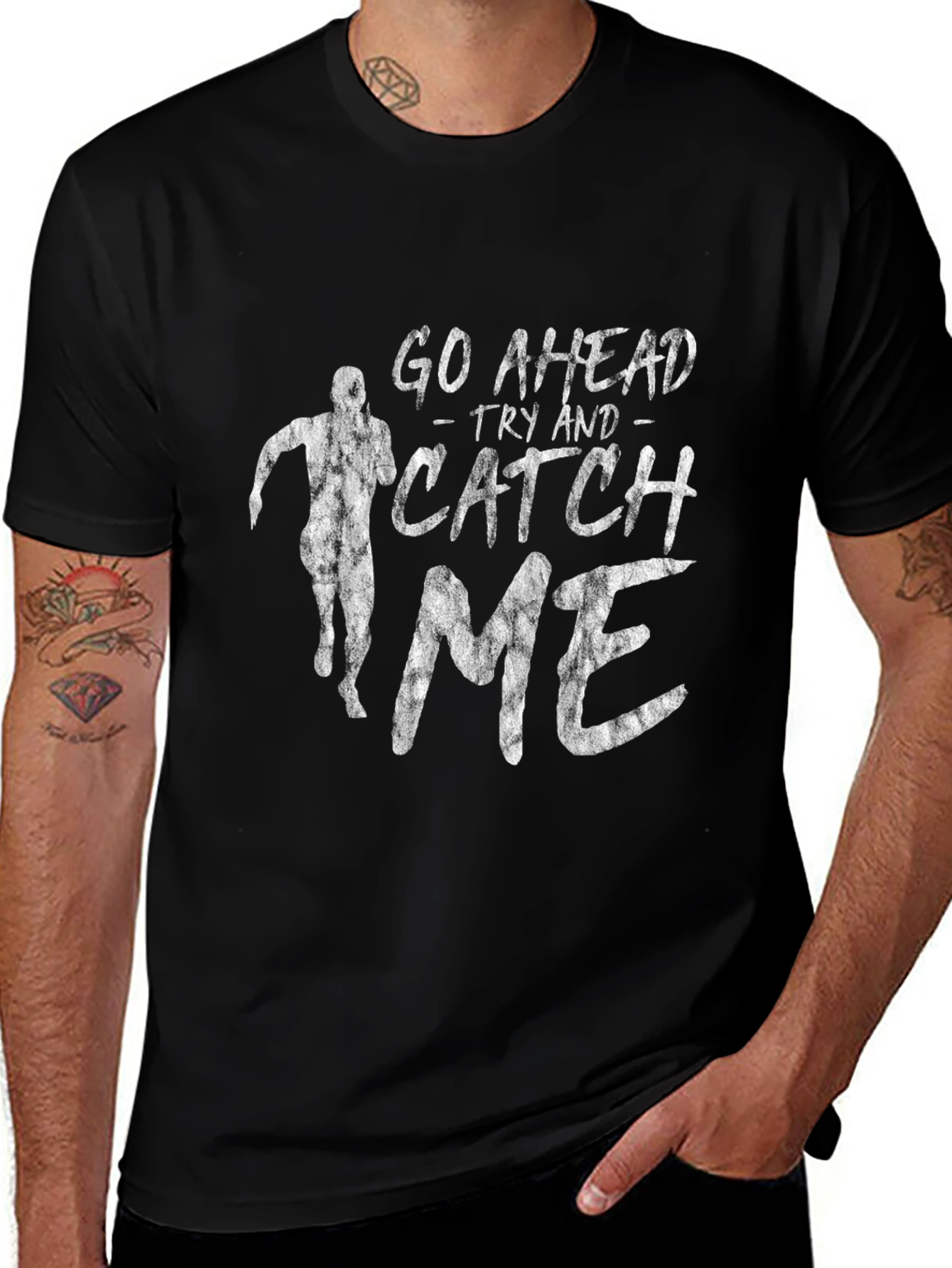 Go Ahead Catch Me Black Graphic T-Shirt