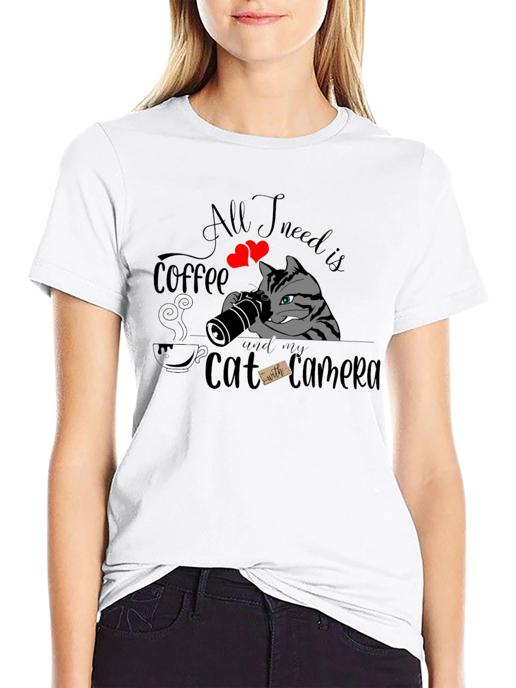 Coffee & Cat Camera Graphic T-Shirt