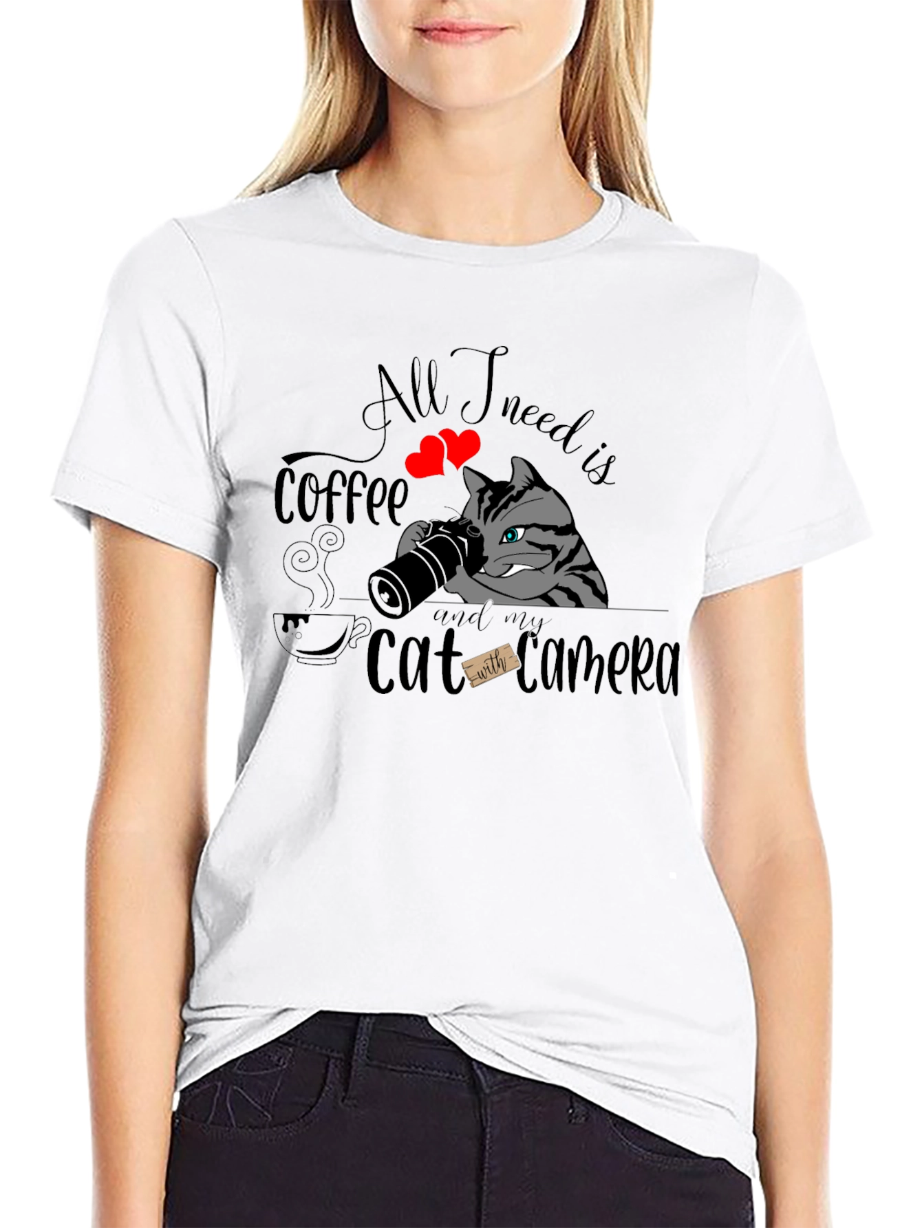 Coffee & Cat Camera Graphic T-Shirt