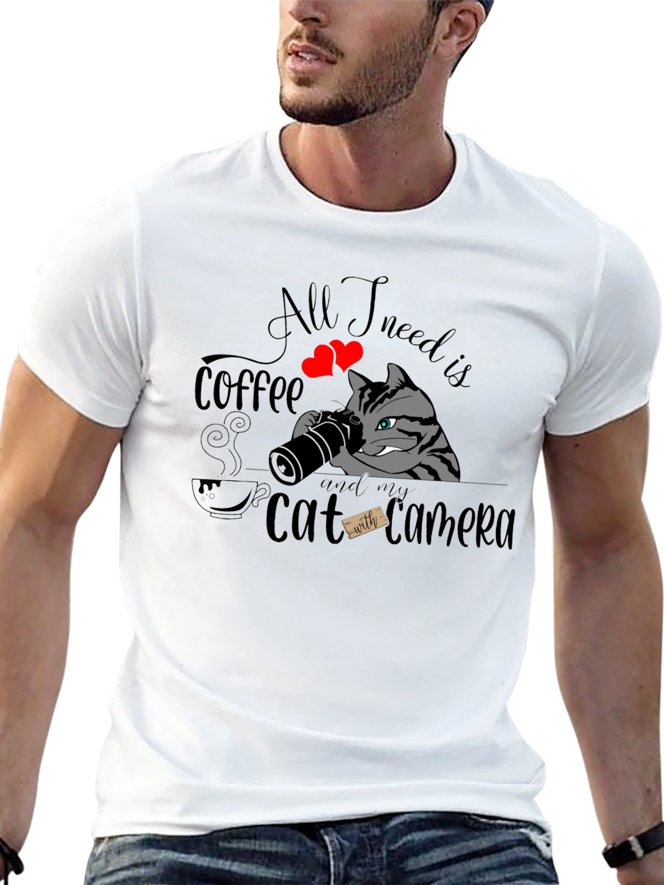 Coffee & Cat Camera Graphic T-Shirt