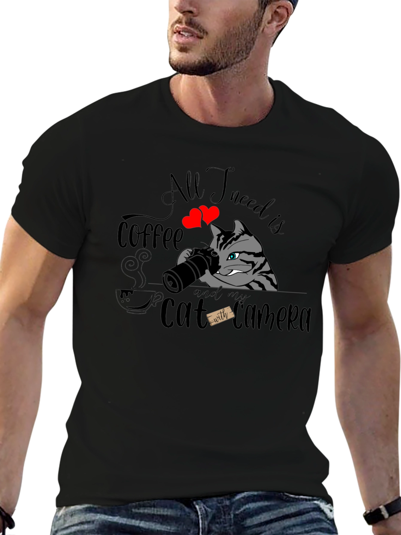 Coffee & Cat Camera Graphic T-Shirt