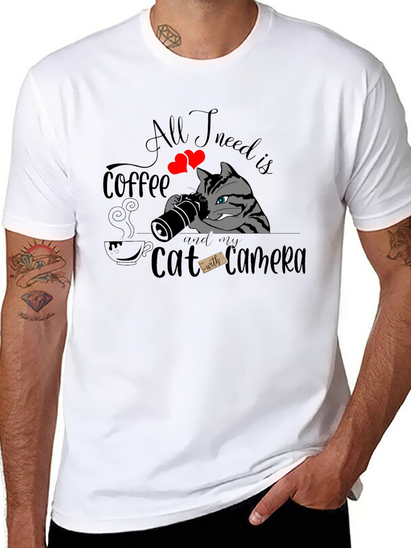 Coffee & Cat Camera Graphic T-Shirt