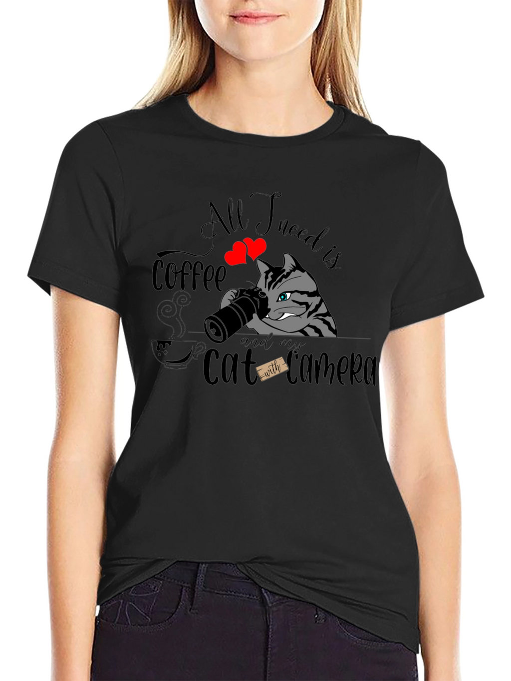 Coffee & Cat Camera Graphic T-Shirt