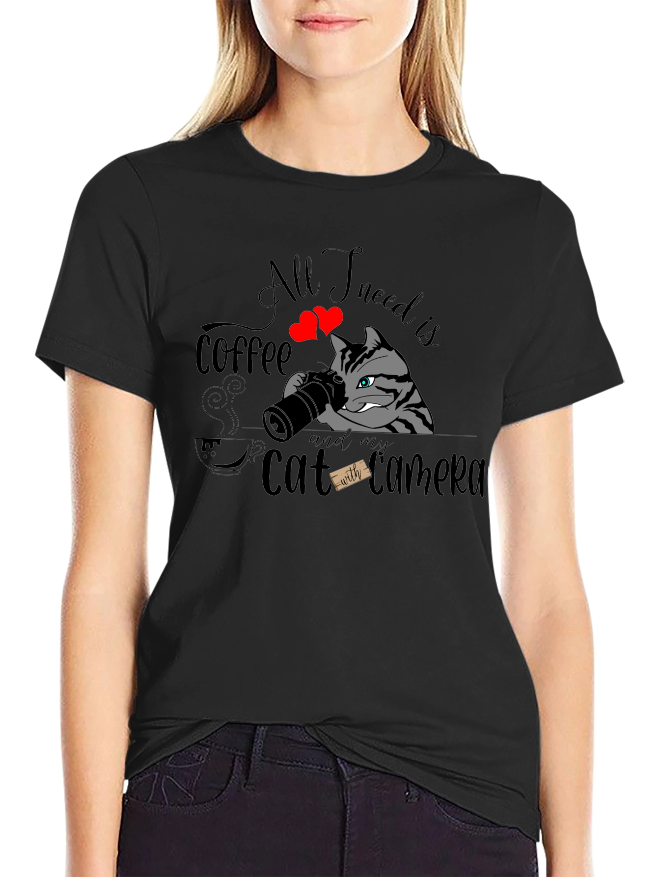 Coffee & Cat Camera Graphic T-Shirt