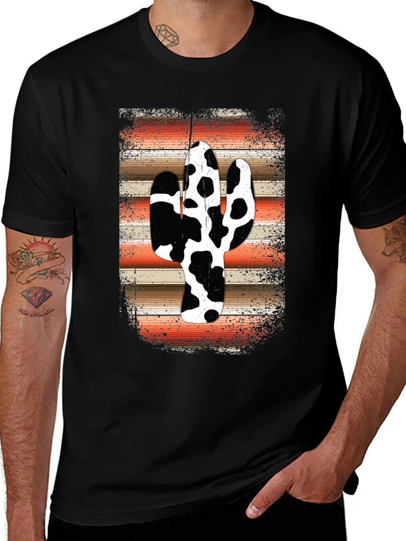 Cow Print Cactus Graphic Tee - Western Style