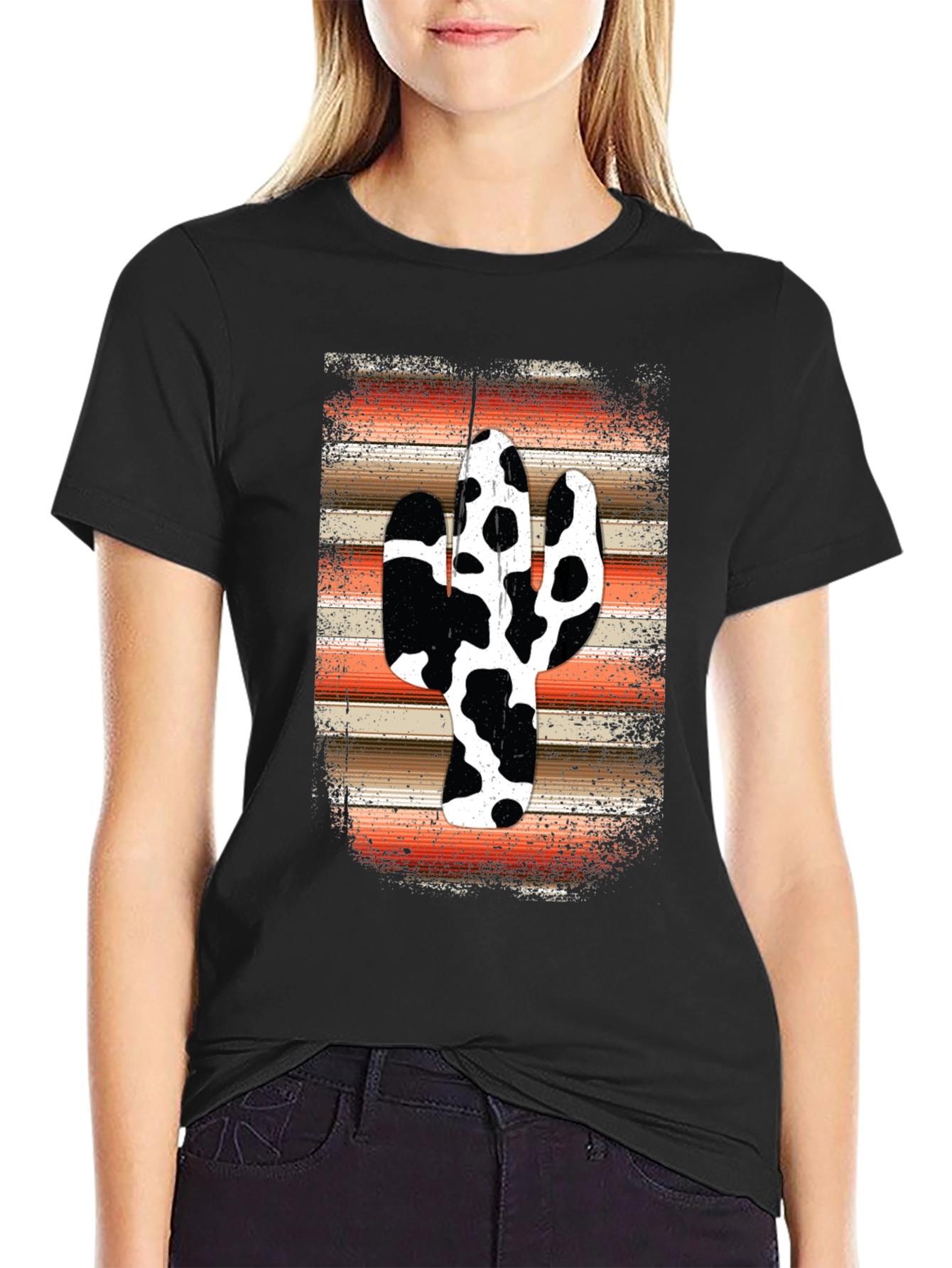Cow Print Cactus Graphic Tee - Western Style