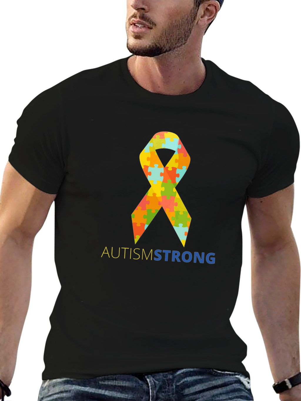 Autism Strong Puzzle Ribbon T-Shirt - Black