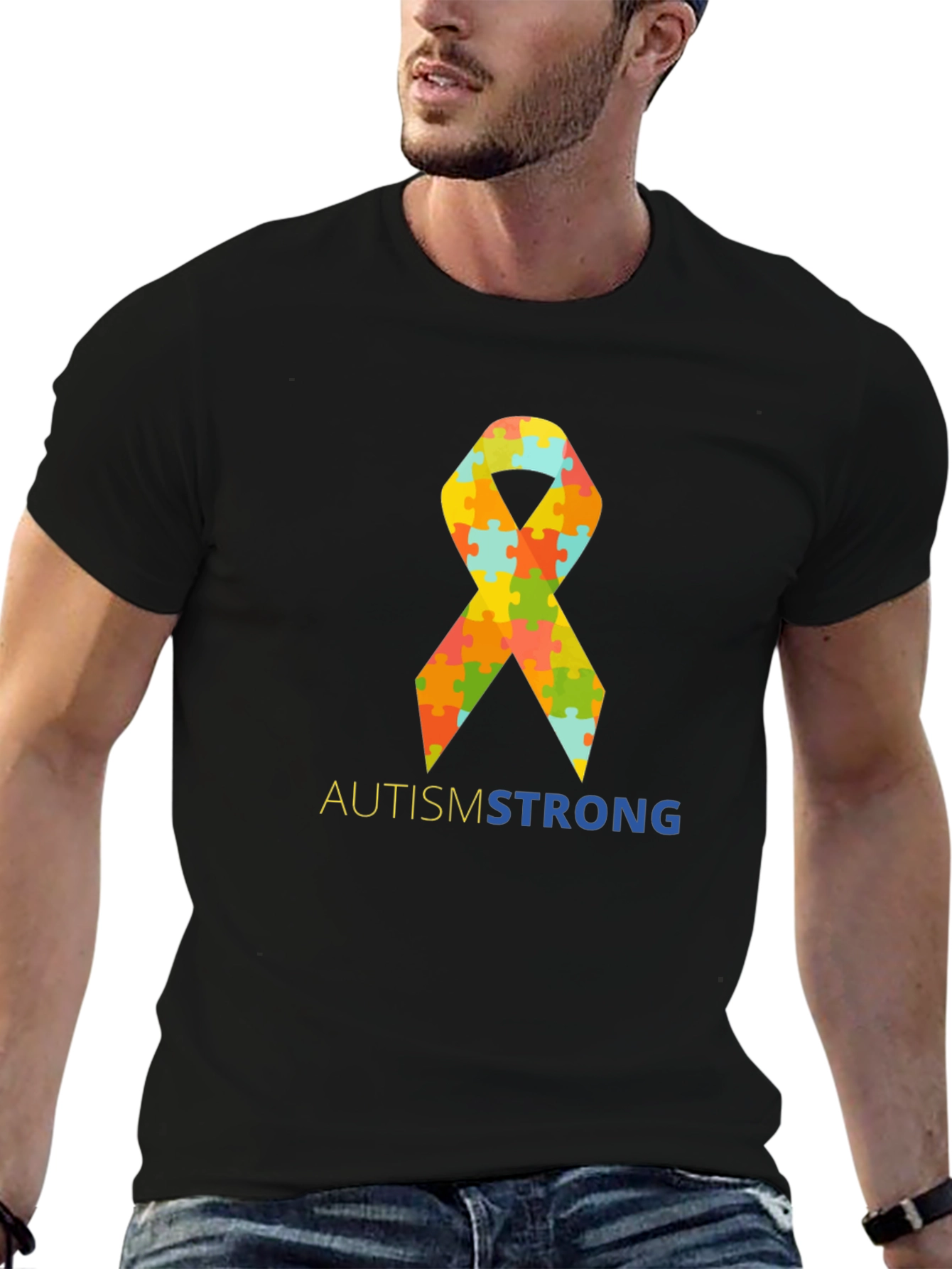 Autism Strong Puzzle Ribbon T-Shirt - Black