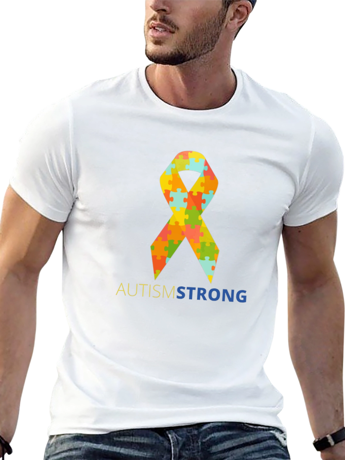 Autism Strong Puzzle Ribbon T-Shirt - Black
