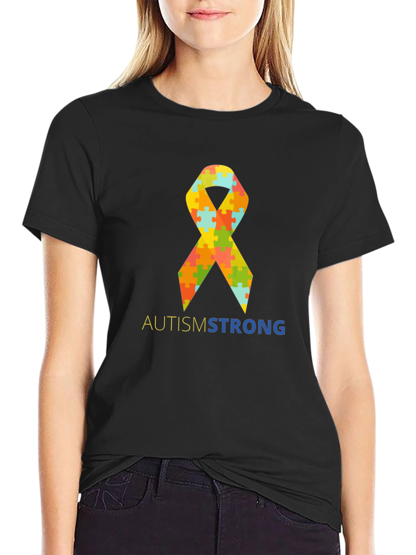 Autism Strong Puzzle Ribbon T-Shirt - Black