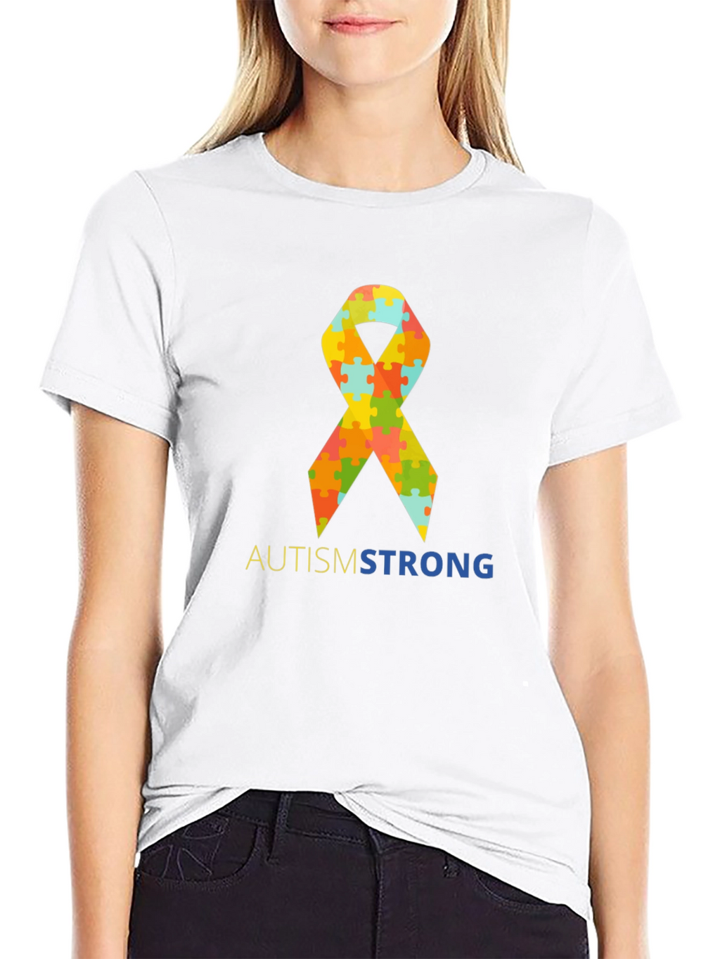 Autism Strong Puzzle Ribbon T-Shirt - Black