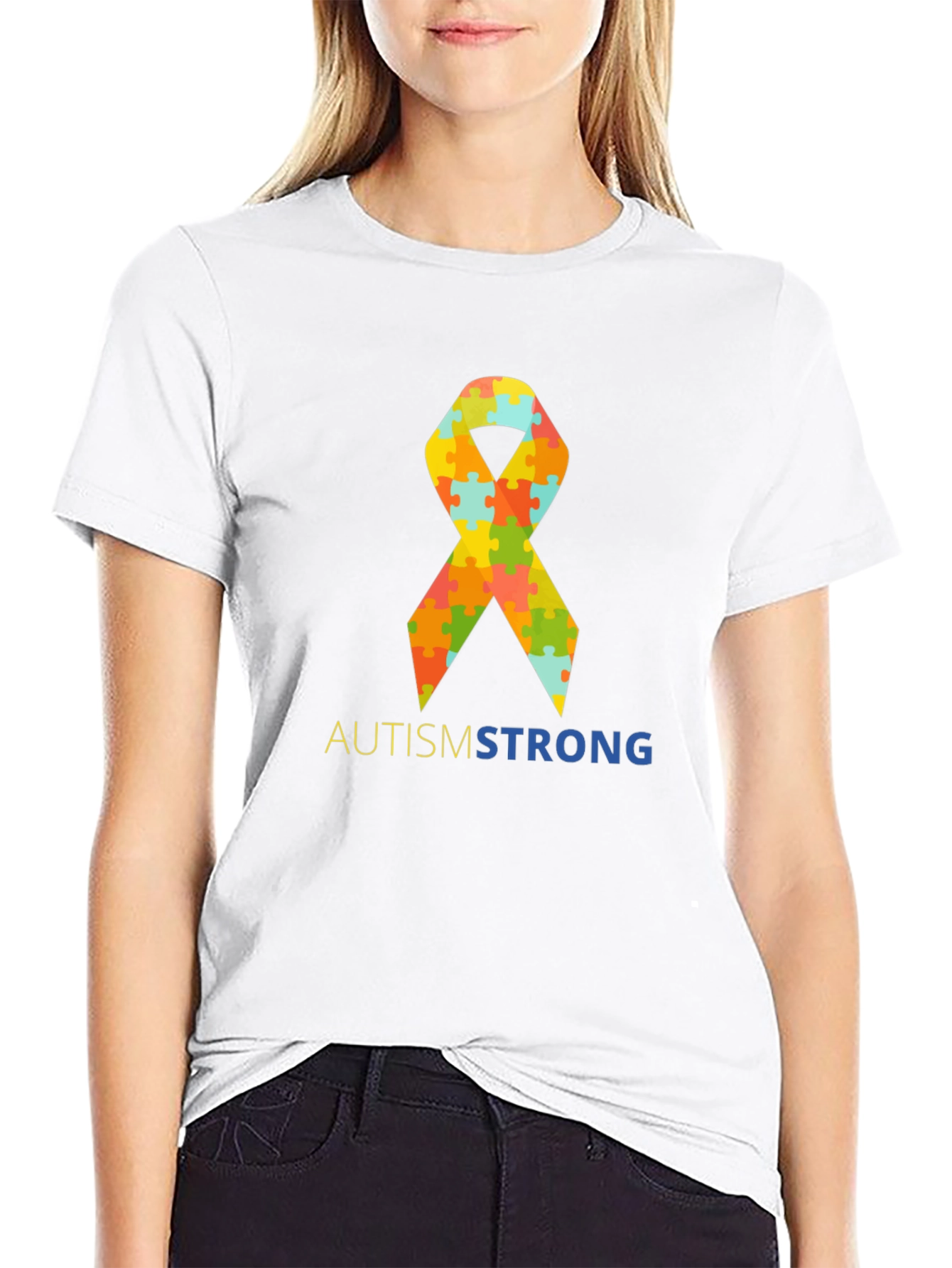 Autism Strong Puzzle Ribbon T-Shirt - Black