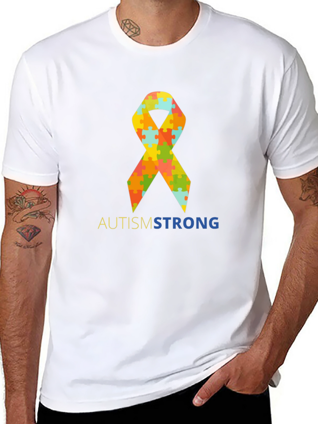 Autism Strong Puzzle Ribbon T-Shirt - Black