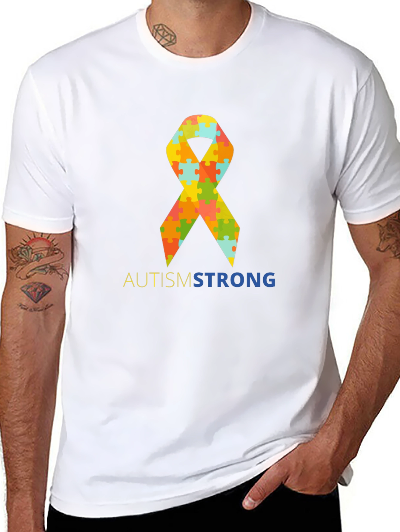 Autism Strong Puzzle Ribbon T-Shirt - Black