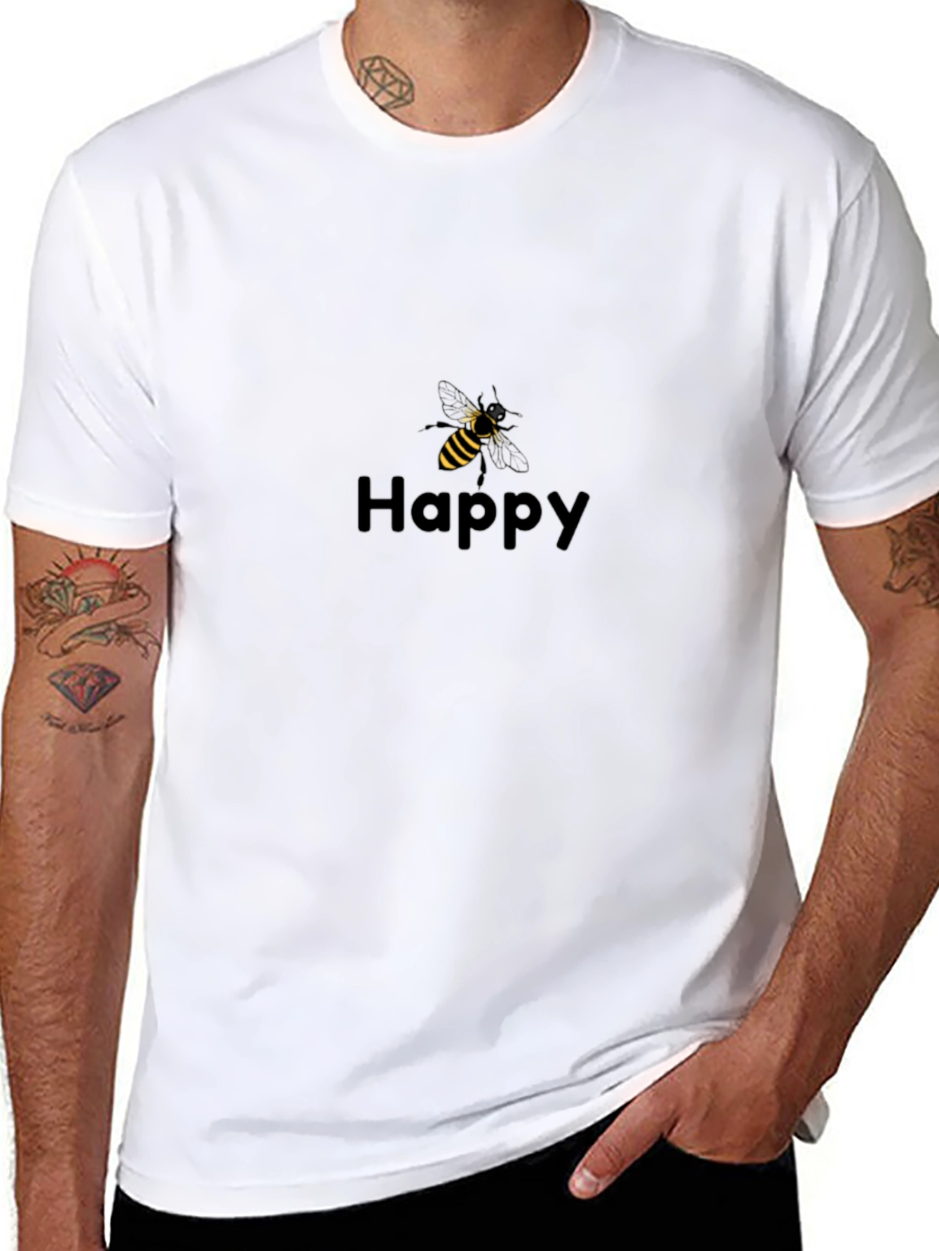 Happy Bee Graphic Tee - Black Cotton Blend Casual Shirt