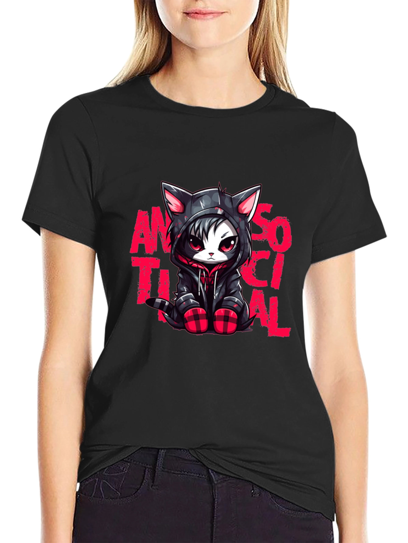 Antisocial Cat Graphic Black T-Shirt
