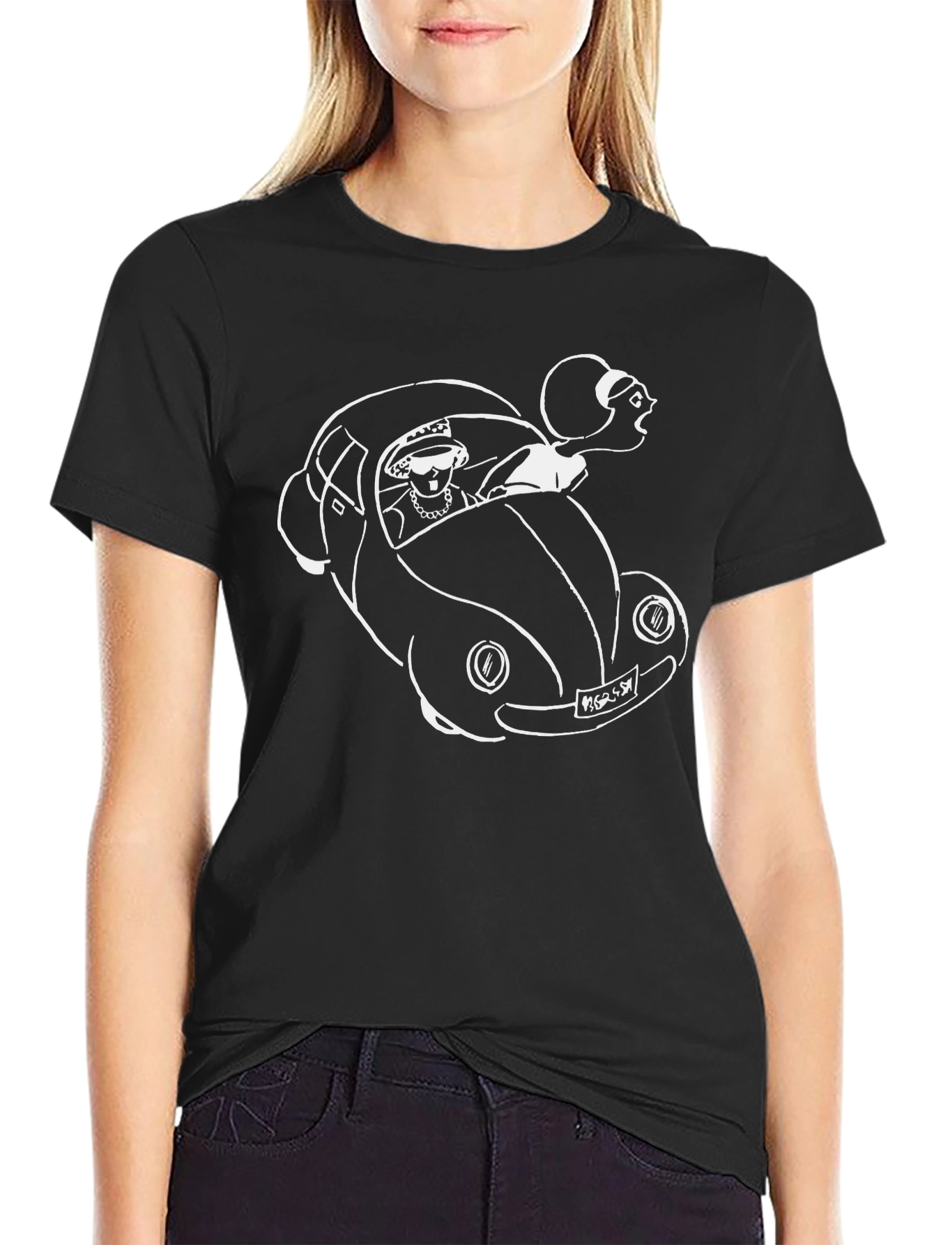 Queen Driving Car Graphic Tee - Black Cotton T-Shirt