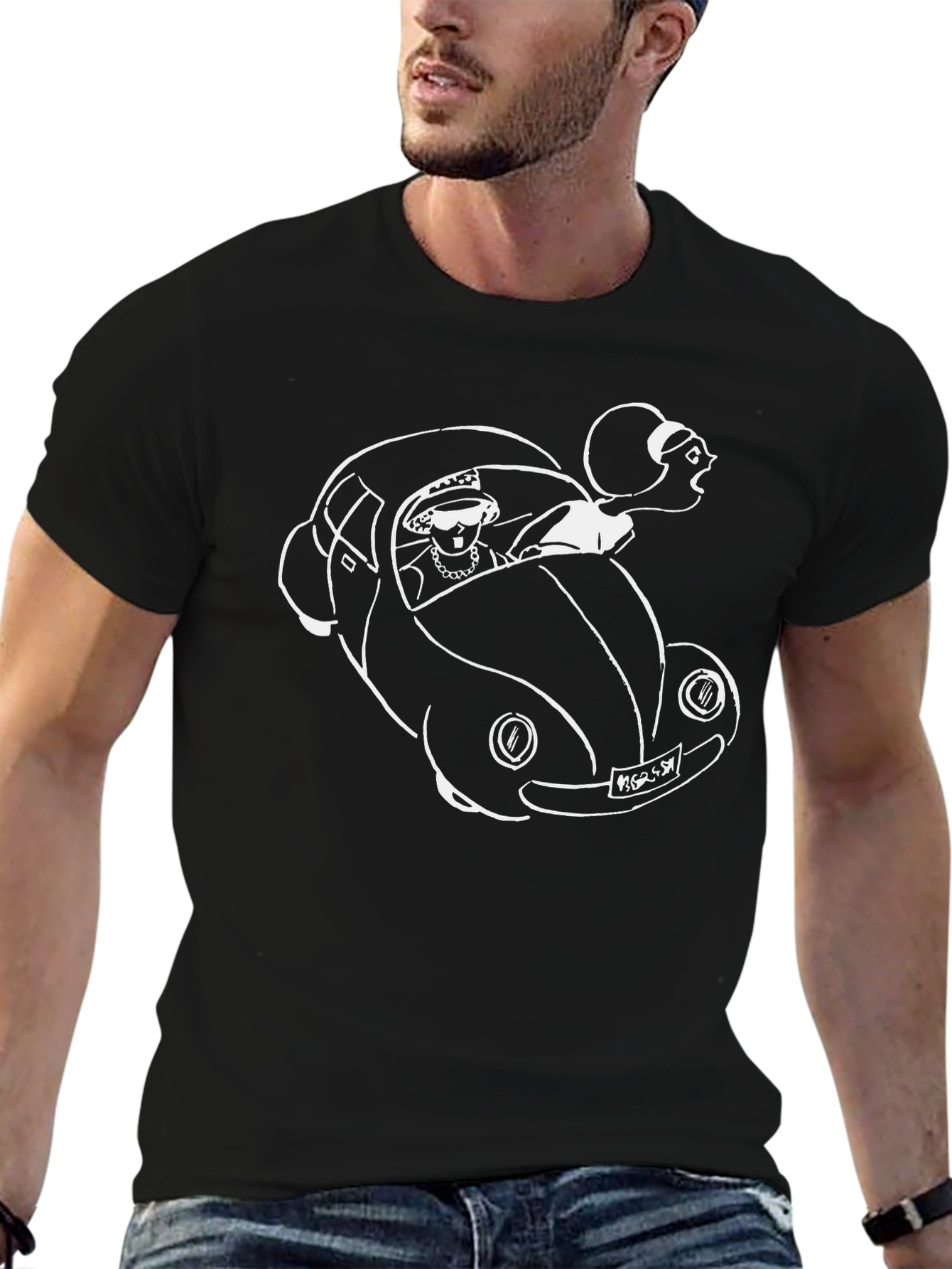 Queen Driving Car Graphic Tee - Black Cotton T-Shirt