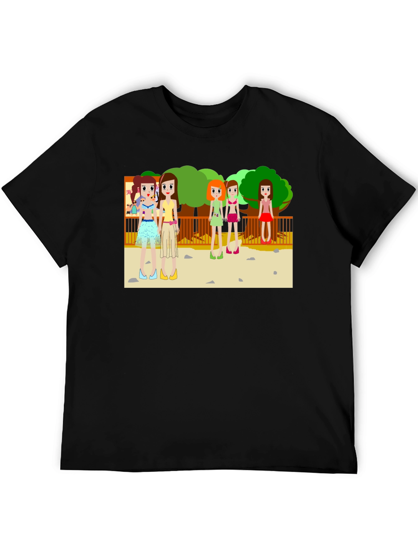 Cartoon Girls Graphic Black T-Shirt
