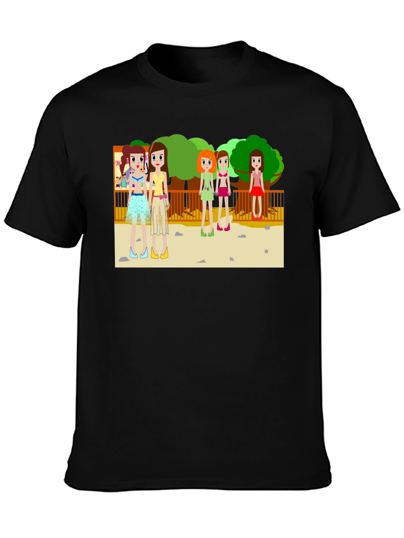 Cartoon Girls Graphic Black T-Shirt