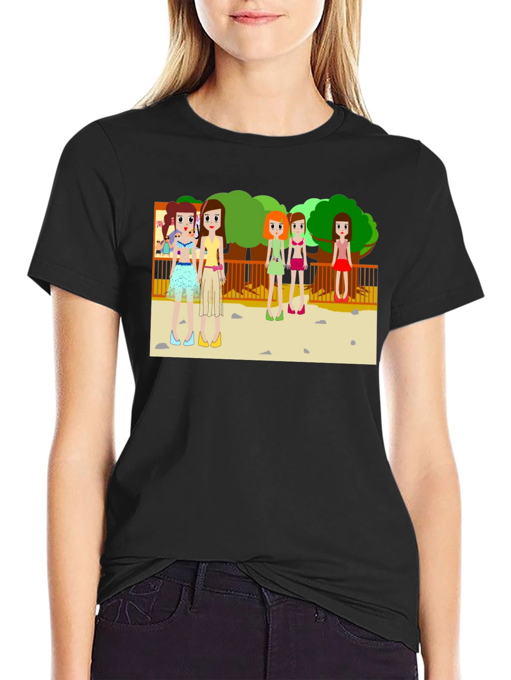 Cartoon Girls Graphic Black T-Shirt