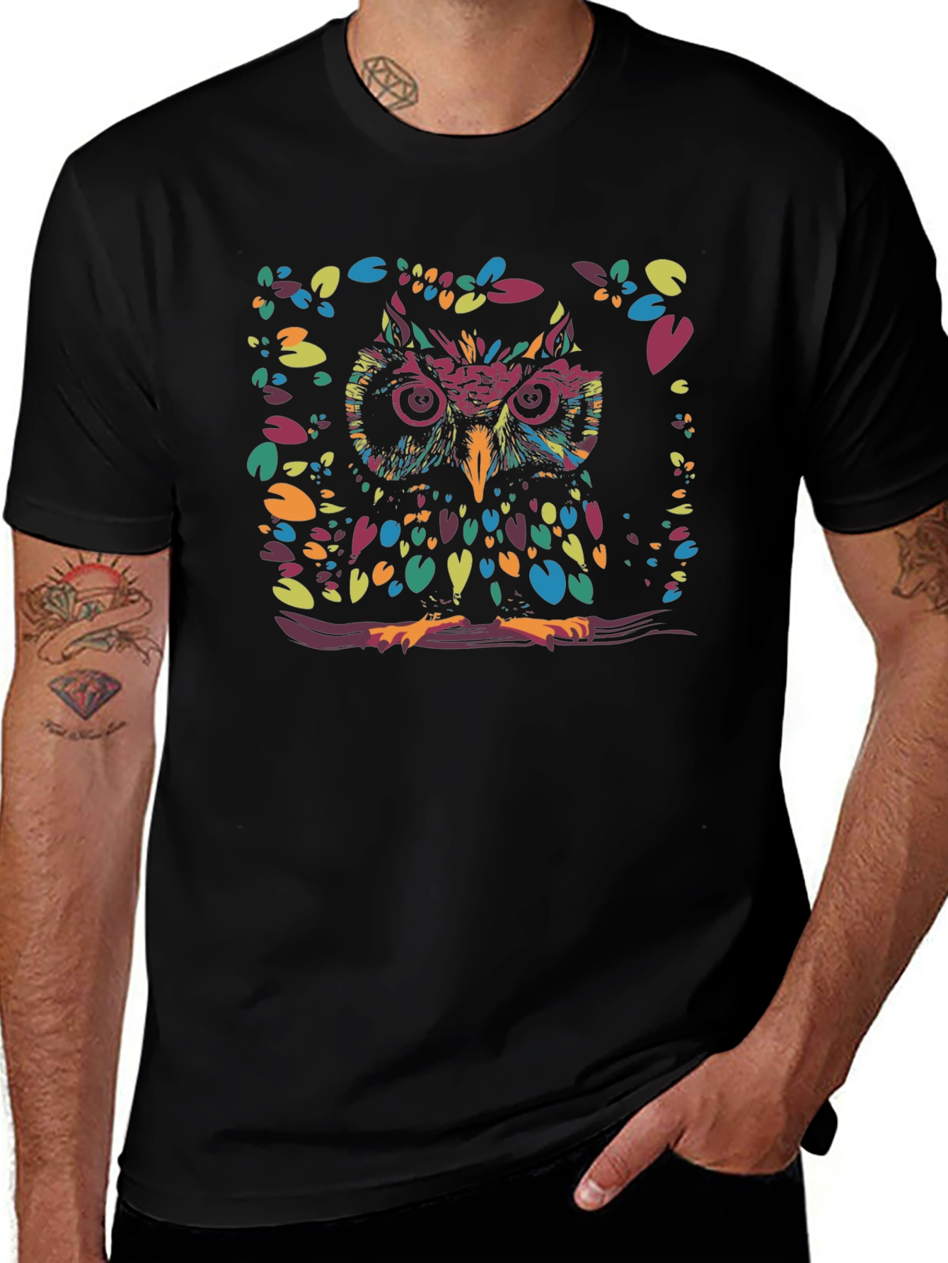 Colorful Owl Graphic Print Black T-Shirt