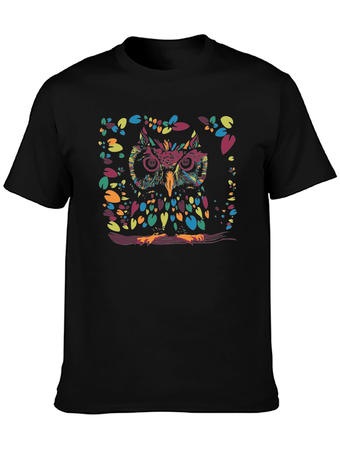 Colorful Owl Graphic Print Black T-Shirt