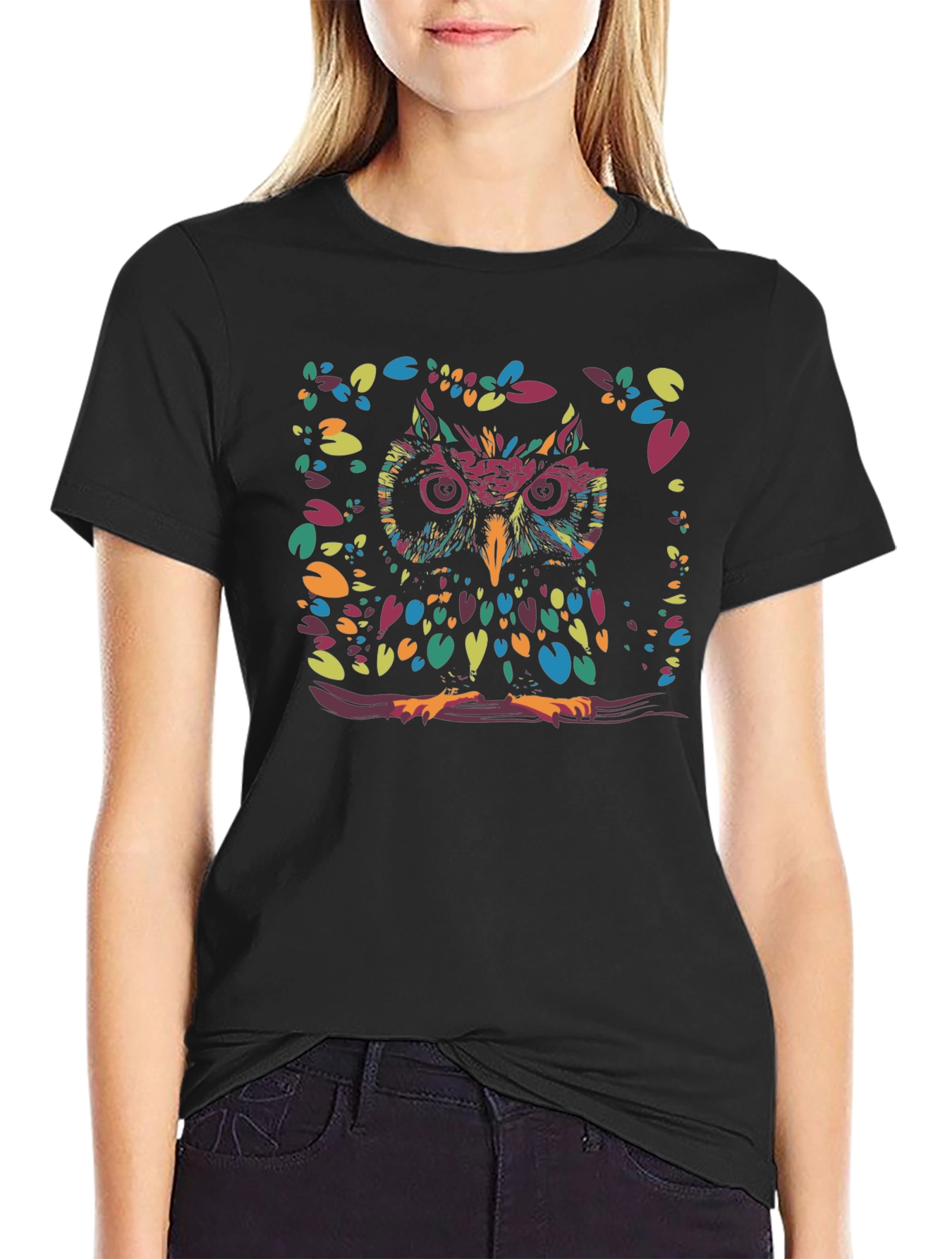 Colorful Owl Graphic Print Black T-Shirt