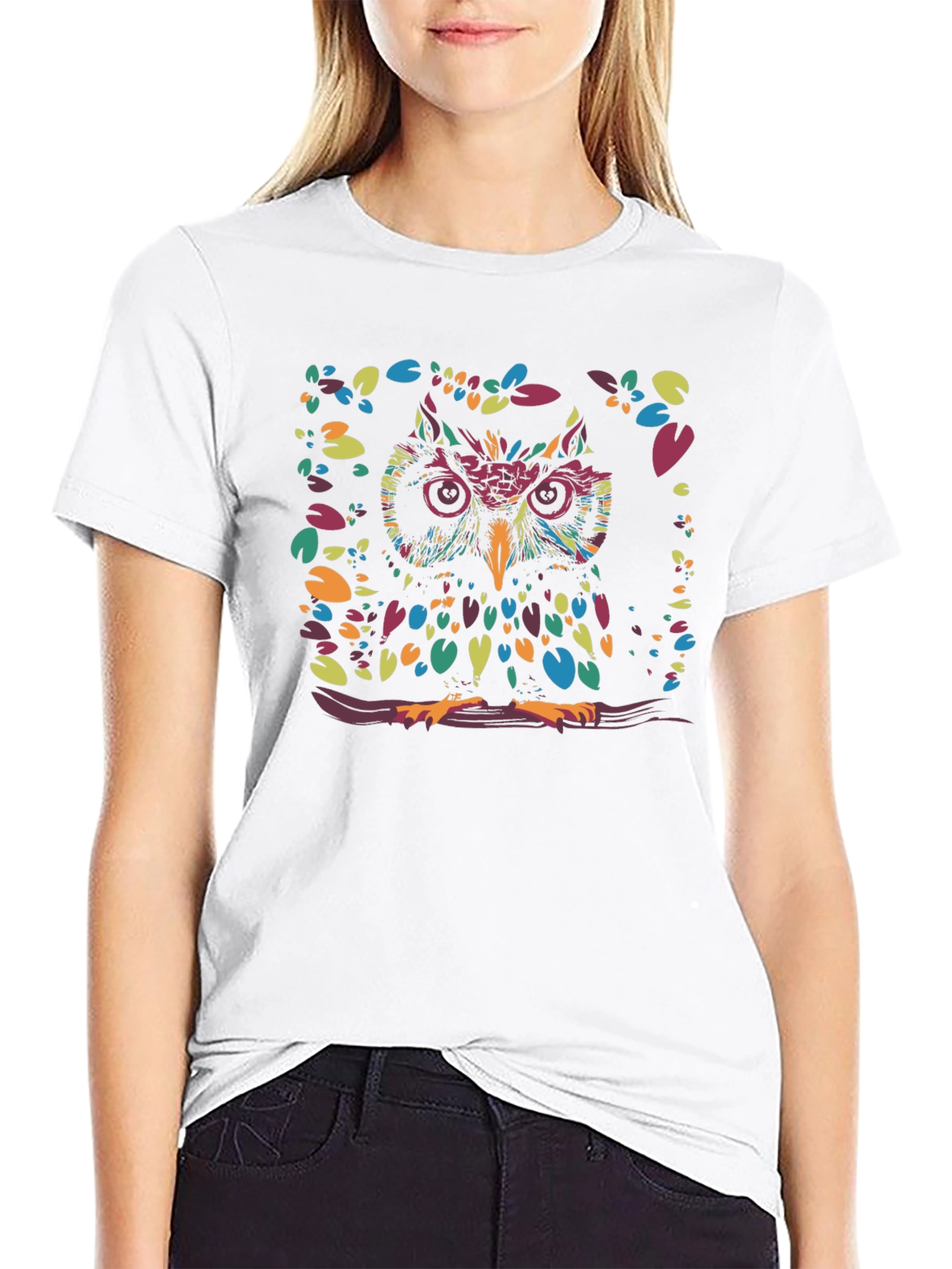 Colorful Owl Graphic Print Black T-Shirt