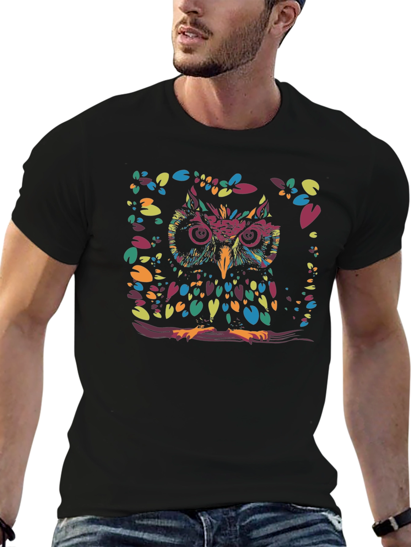 Colorful Owl Graphic Print Black T-Shirt