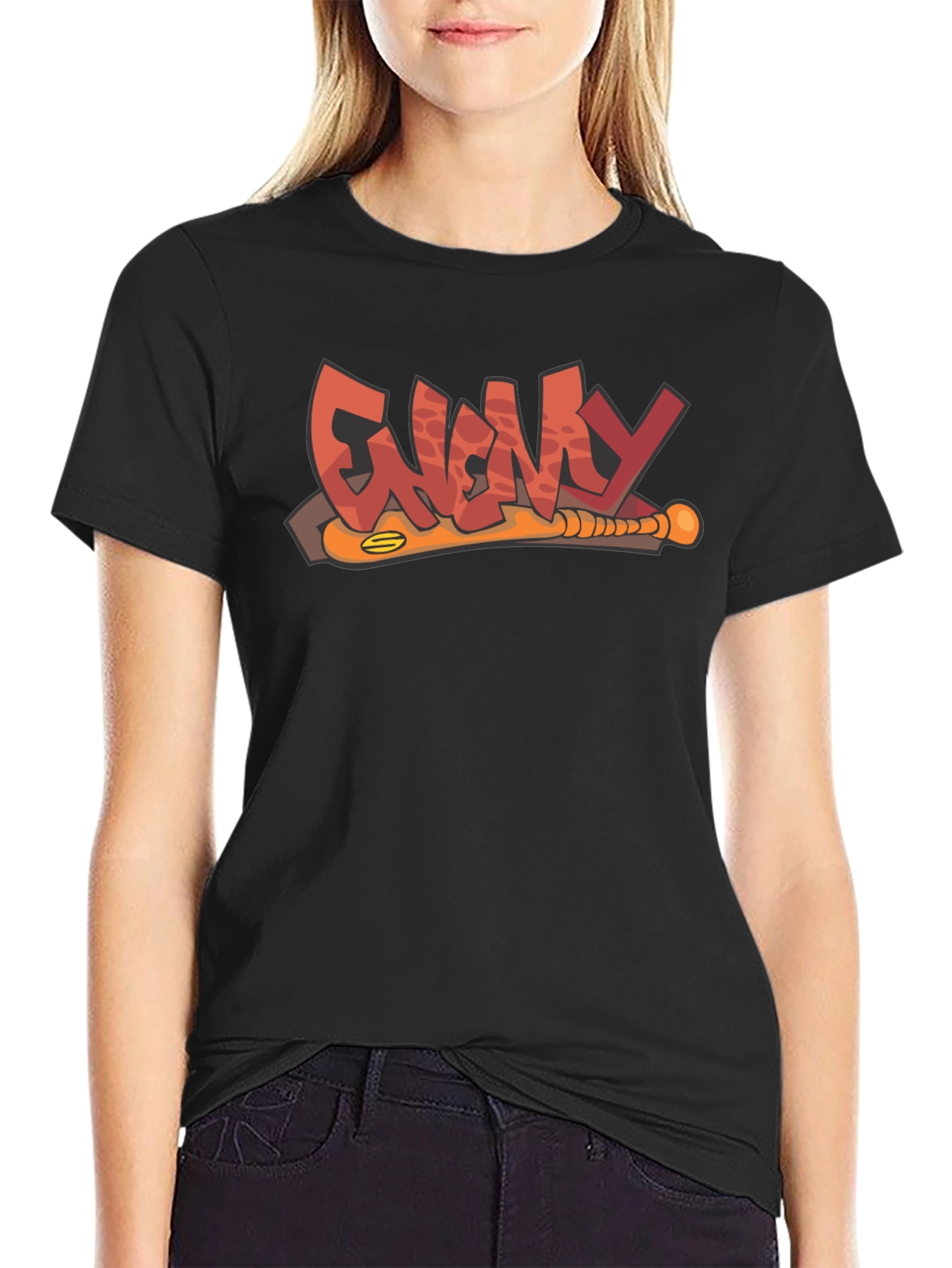 Enemy T-Shirt Black Graphic Novelty Baseball Bat Tee