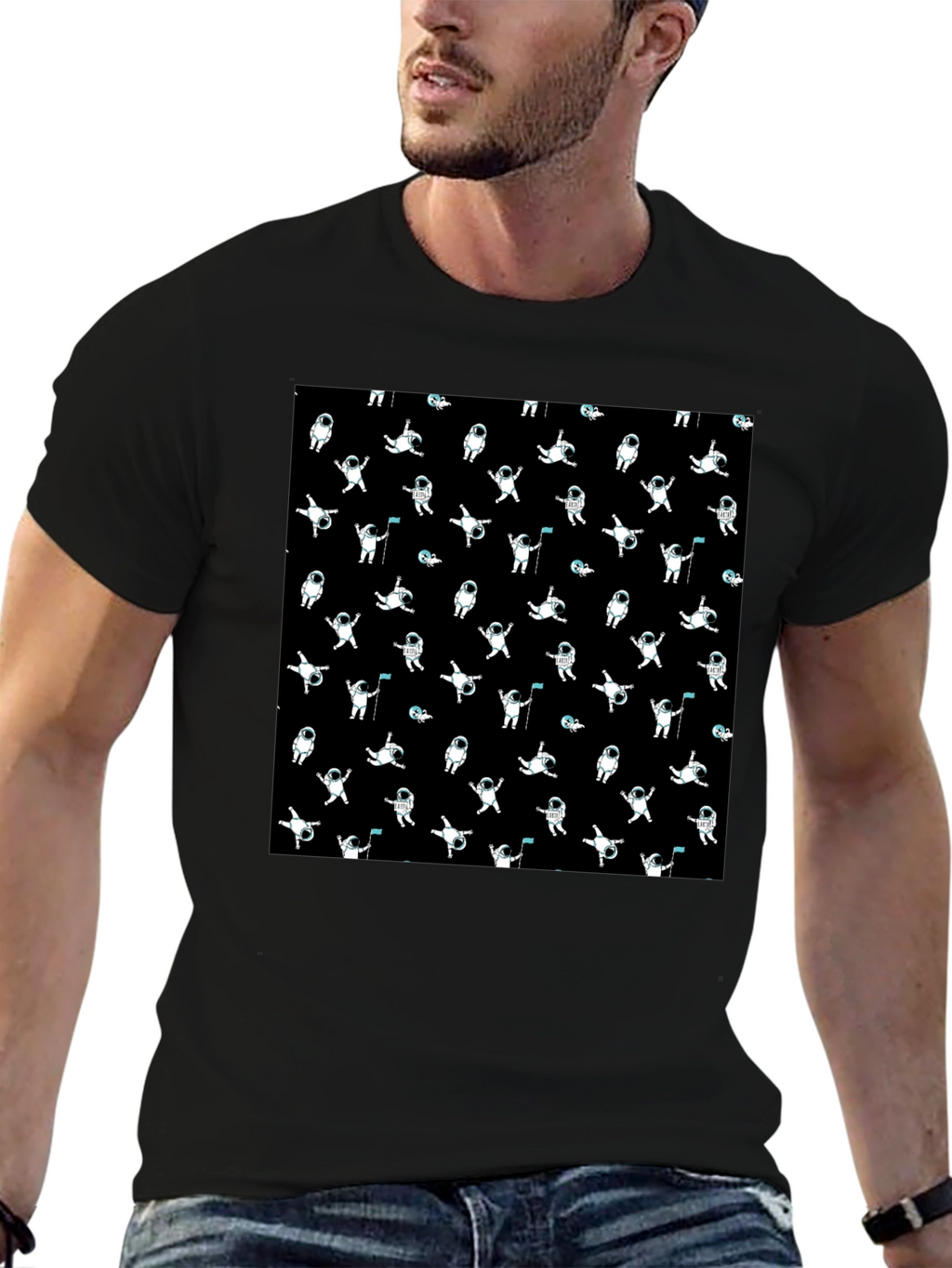 Astronaut Pattern Black T-Shirt