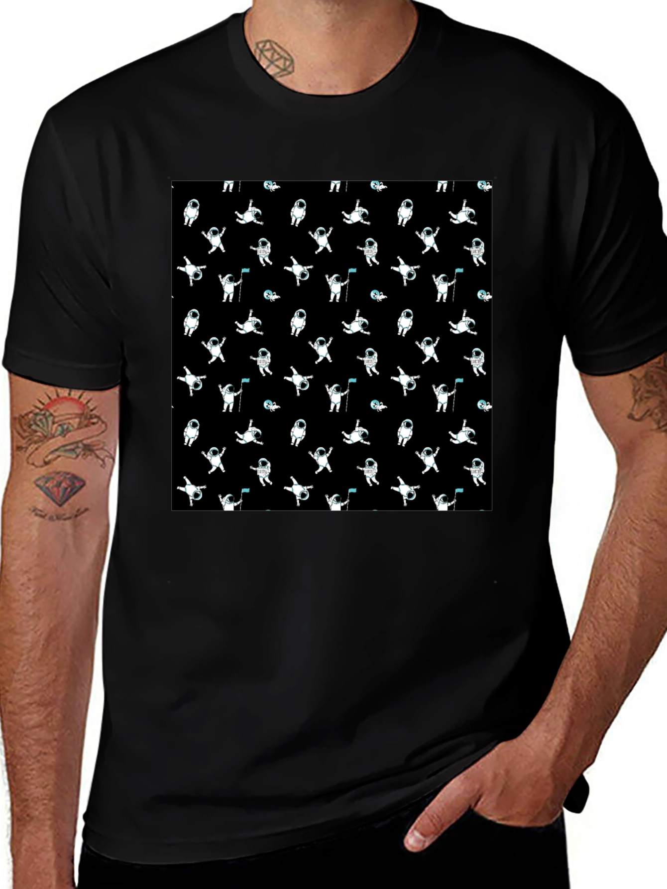 Astronaut Pattern Black T-Shirt