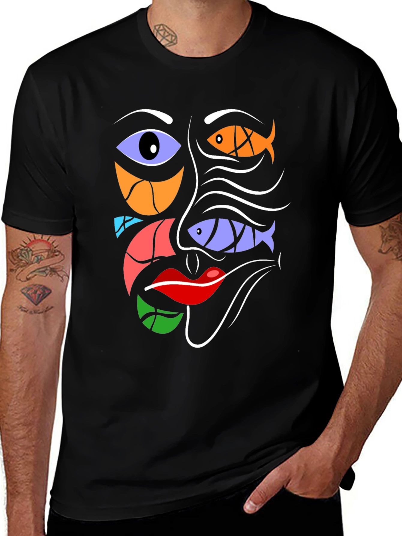Abstract Face Graphic Tee - Modern Art Black T-Shirt