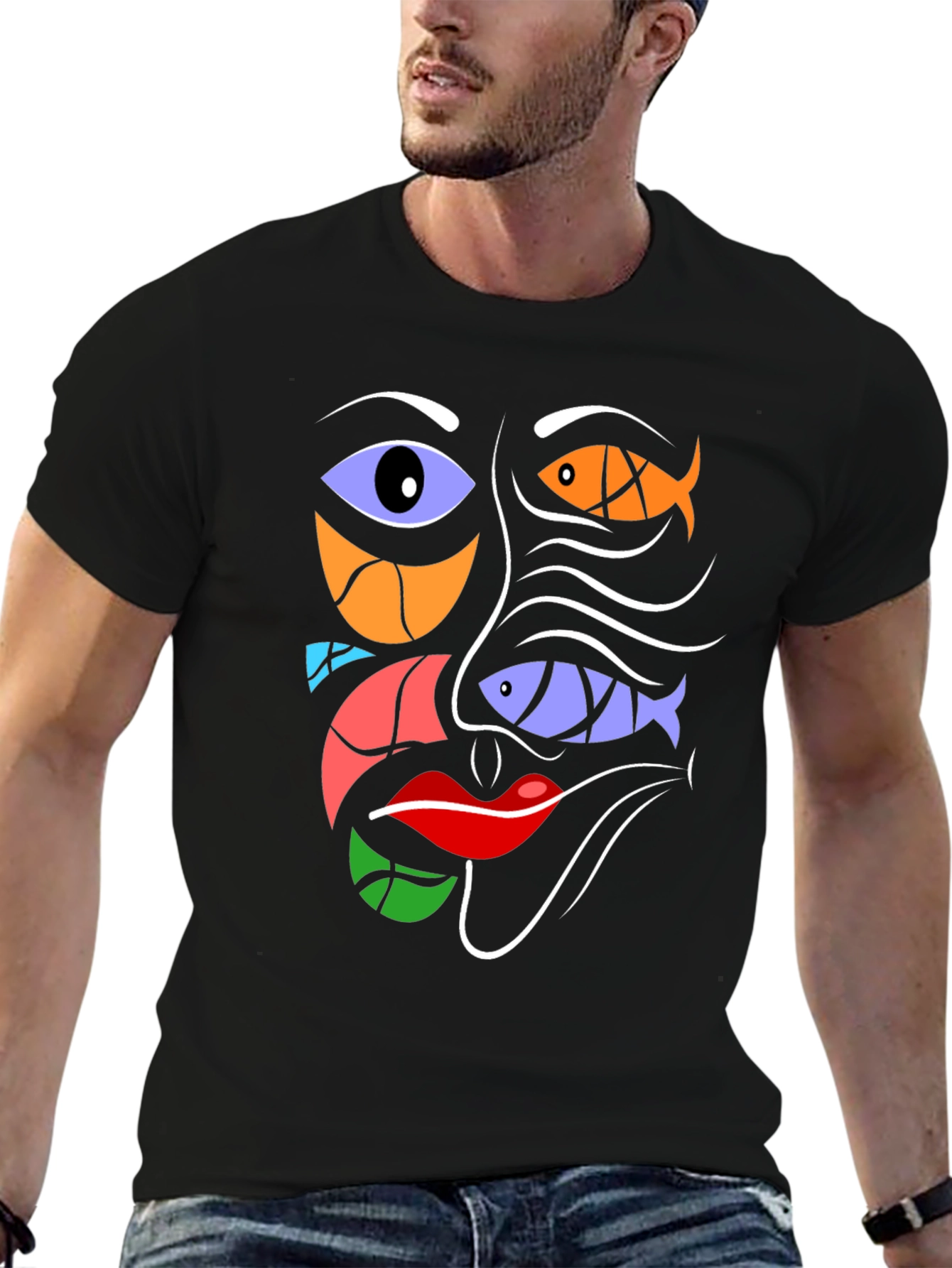 Abstract Face Graphic Tee - Modern Art Black T-Shirt