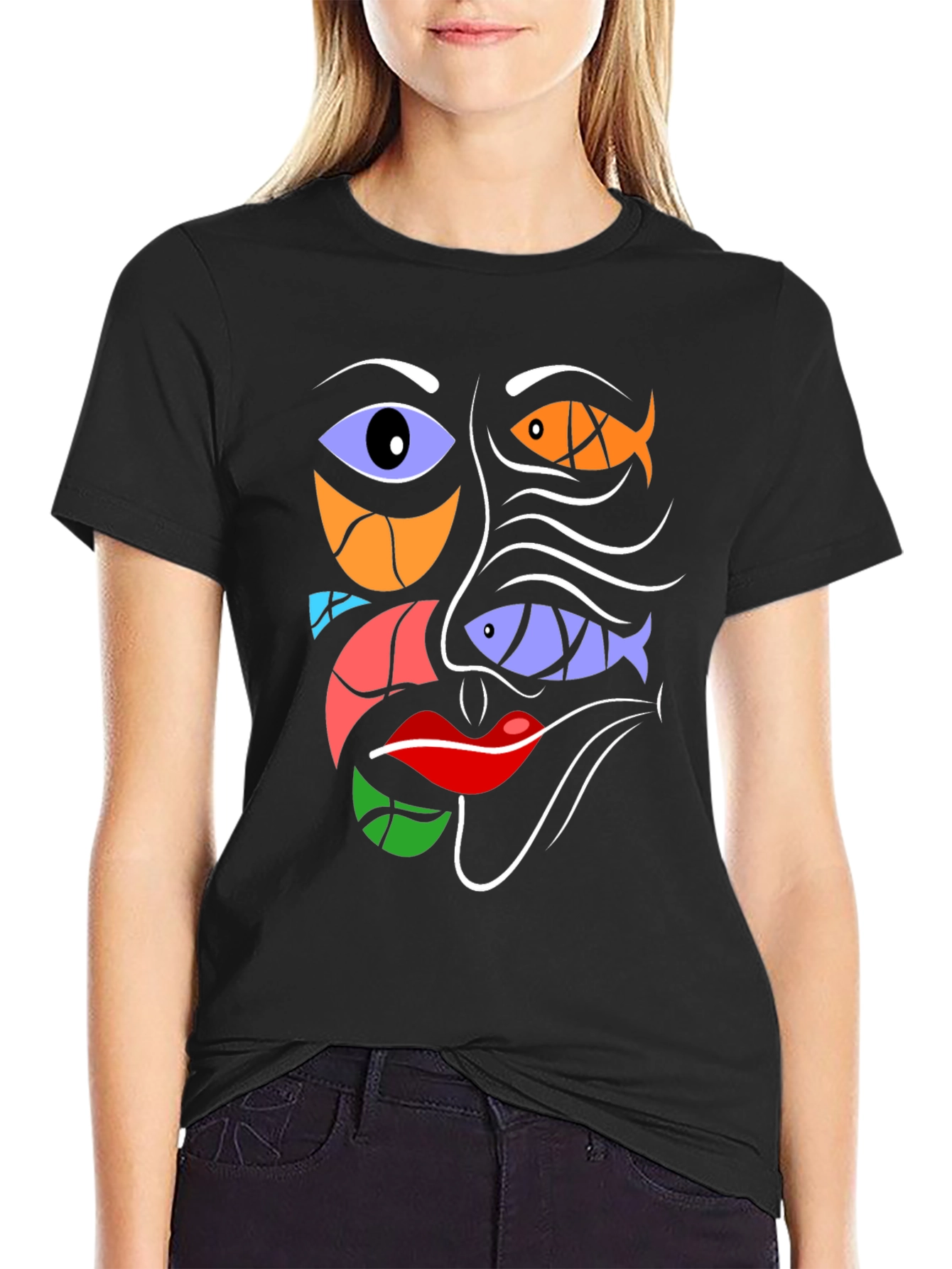 Abstract Face Graphic Tee - Modern Art Black T-Shirt