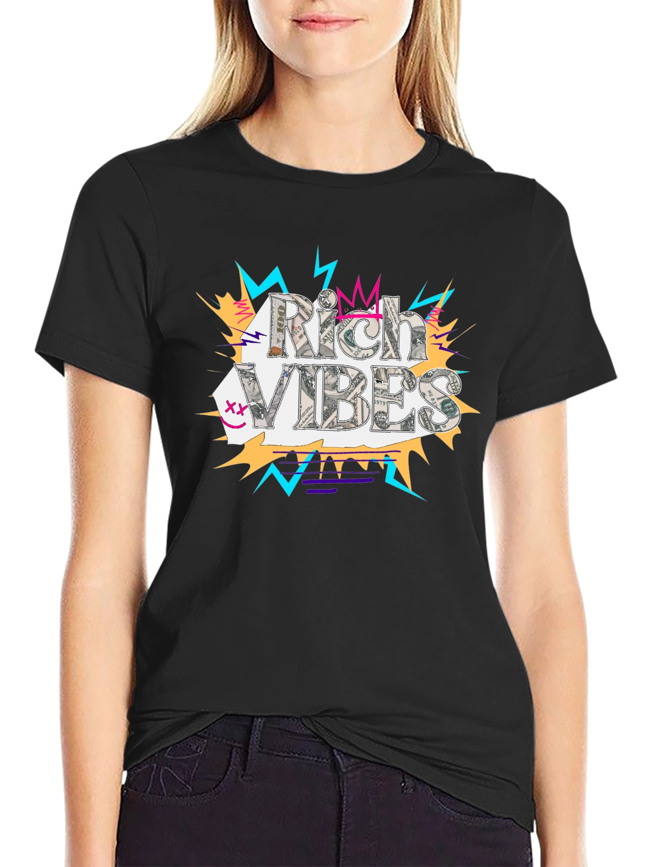 Rich Vibes Graphic Tee - Black Cotton T-Shirt