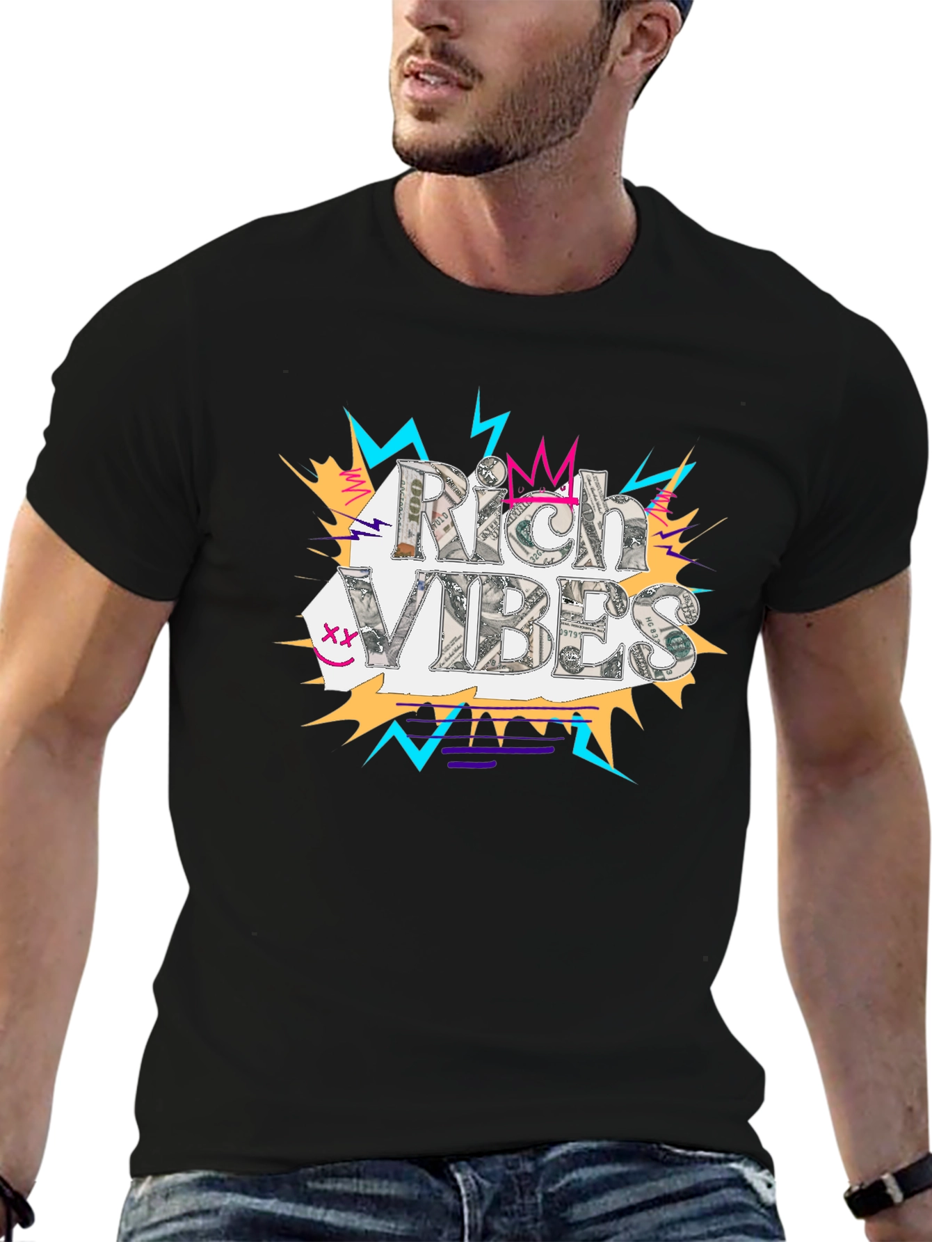 Rich Vibes Graphic Tee - Black Cotton T-Shirt