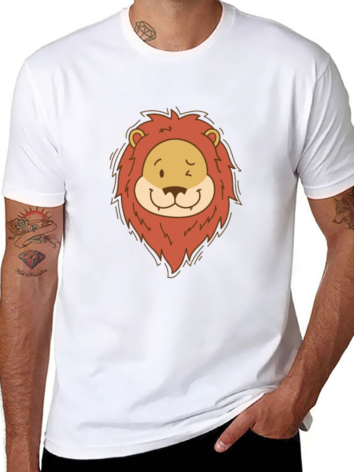 Cartoon Lion Graphic Tee - Black Cotton T-Shirt