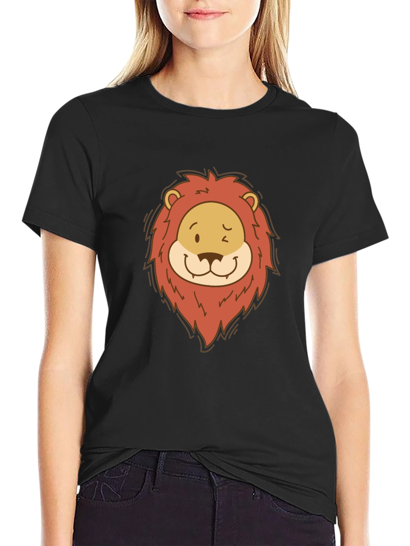 Cartoon Lion Graphic Tee - Black Cotton T-Shirt