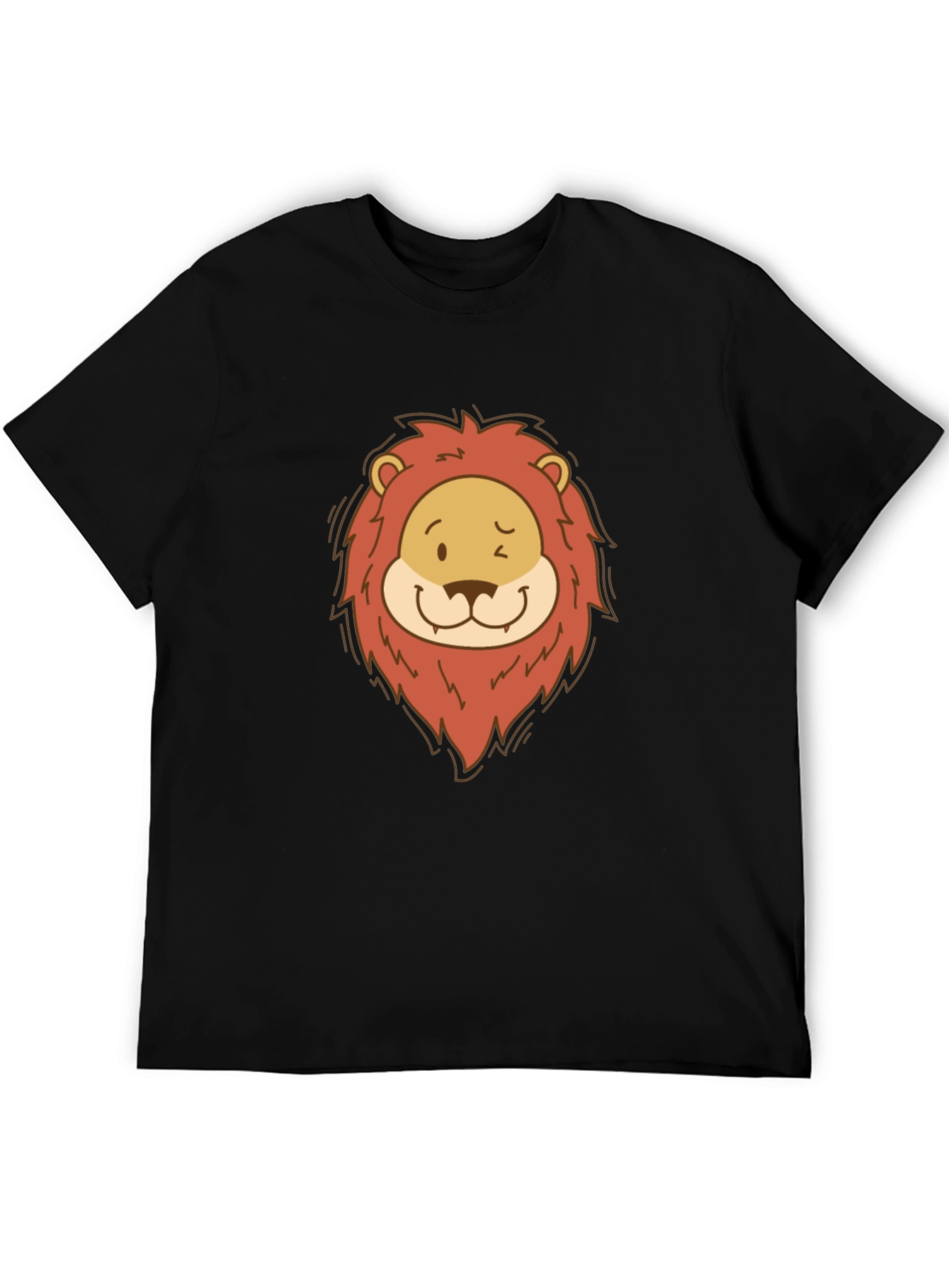 Cartoon Lion Graphic Tee - Black Cotton T-Shirt