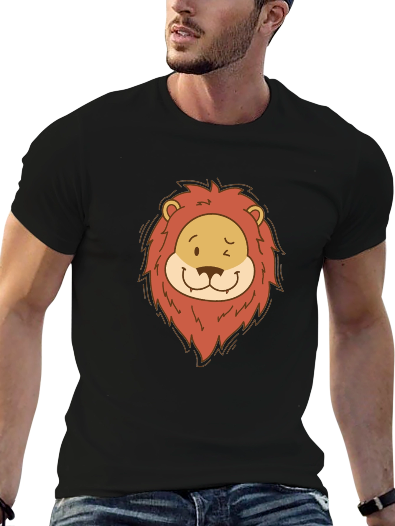 Cartoon Lion Graphic Tee - Black Cotton T-Shirt