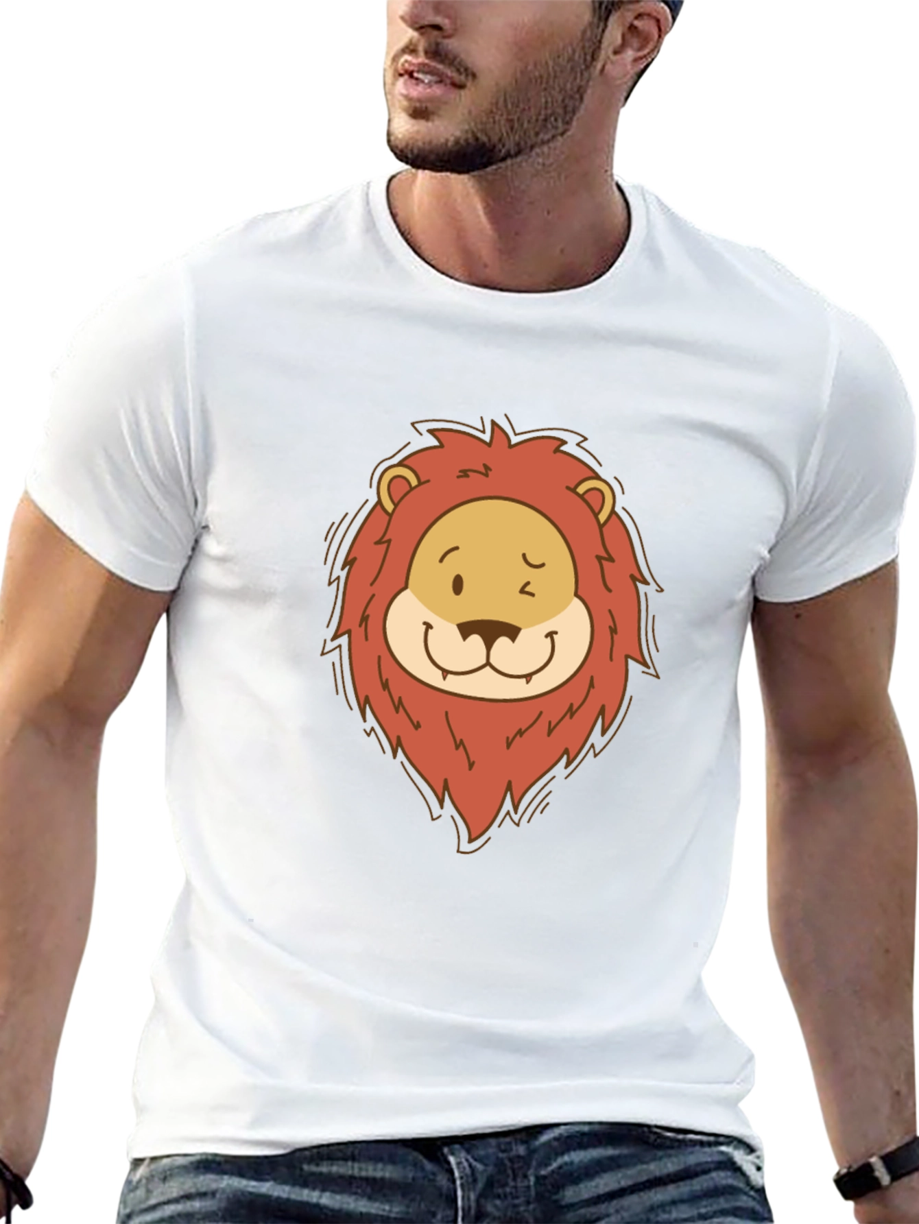 Cartoon Lion Graphic Tee - Black Cotton T-Shirt
