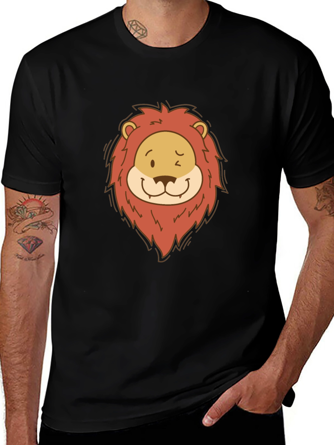 Cartoon Lion Graphic Tee - Black Cotton T-Shirt